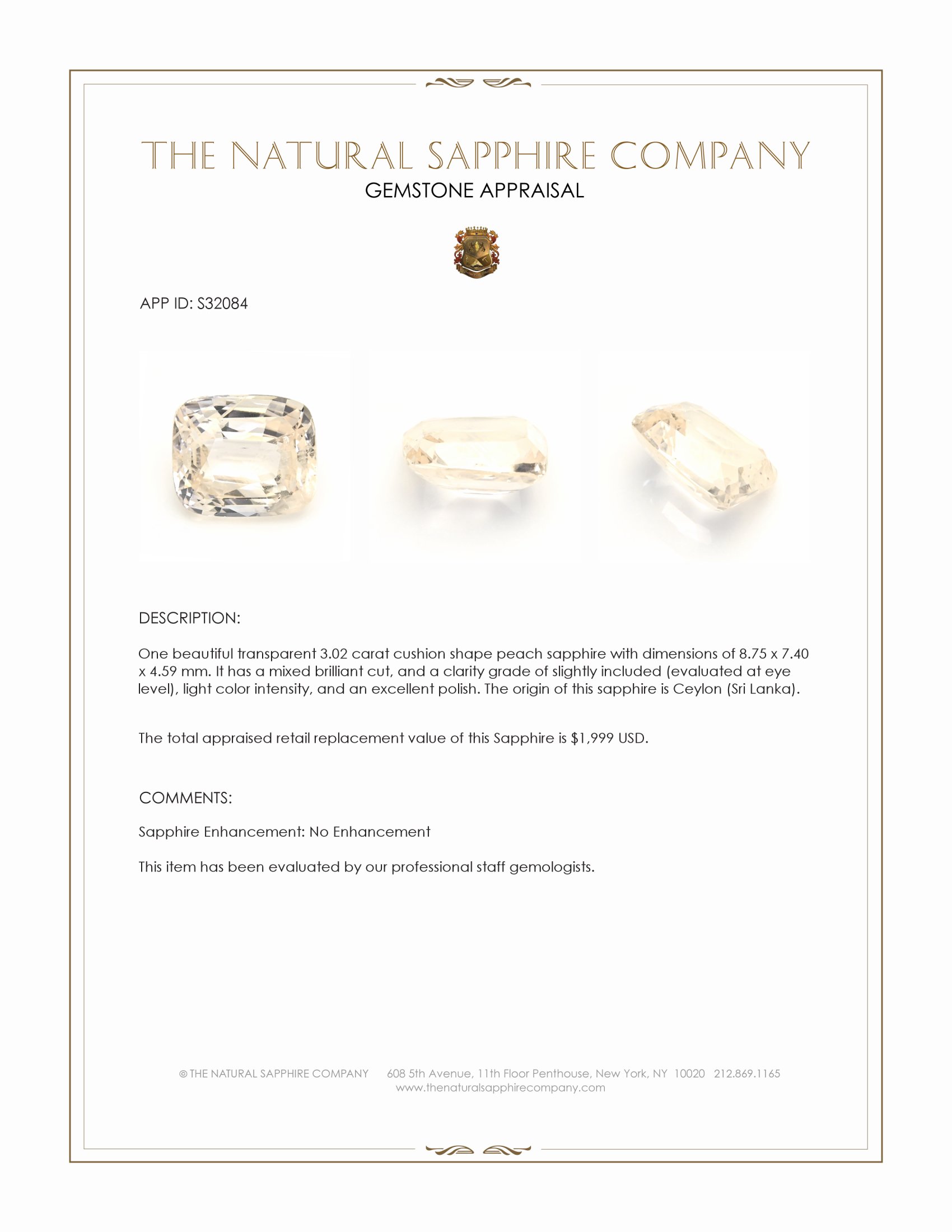 3.02 Ct. Peach Sapphire from Ceylon (Sri Lanka)