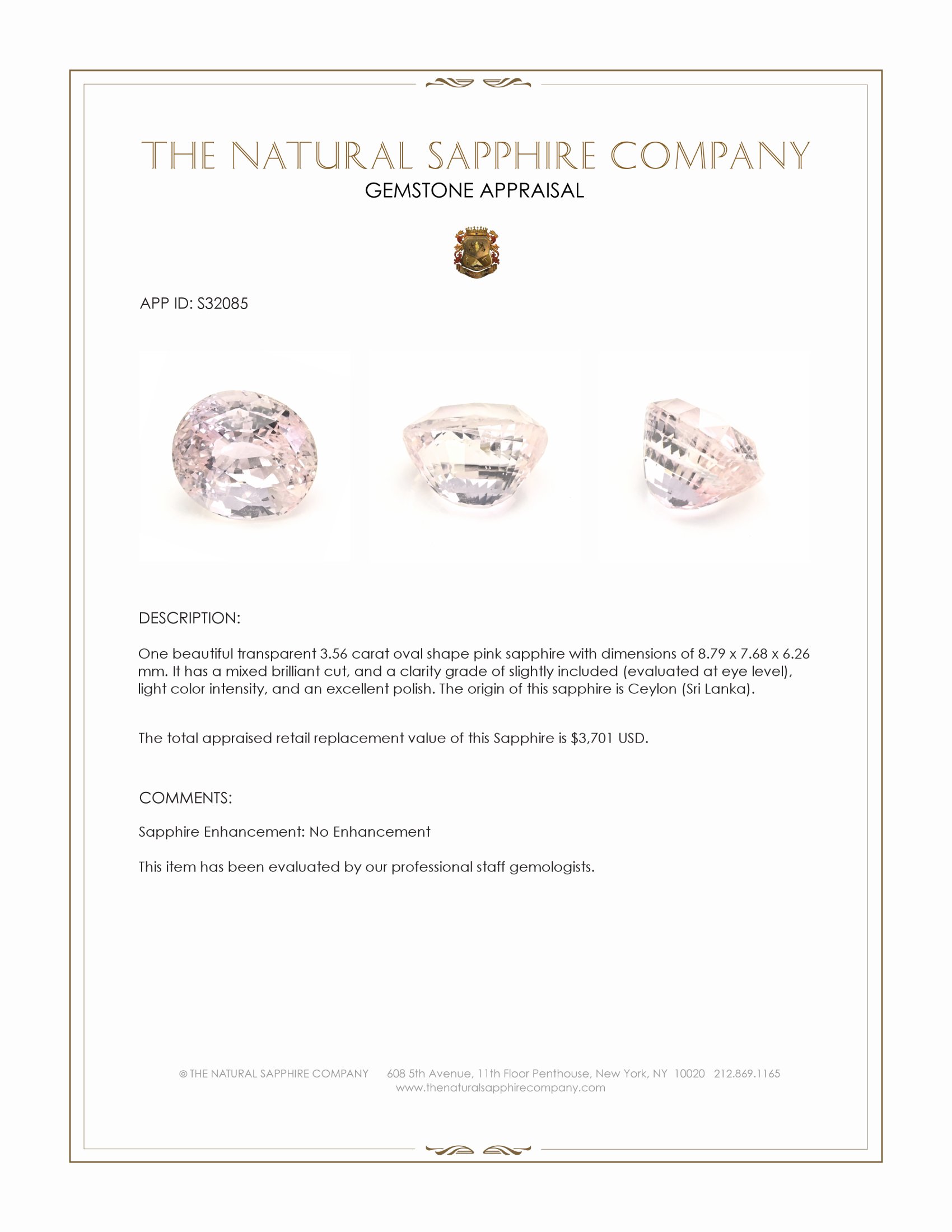 3.56 Ct. Pink Sapphire from Ceylon (Sri Lanka)