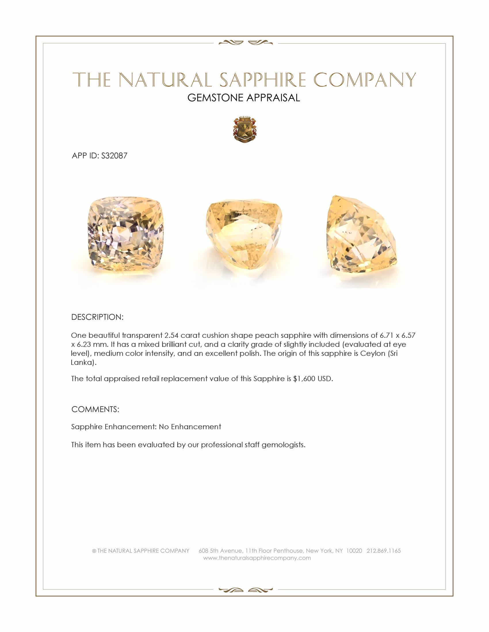 2.54 Ct. Peach Sapphire from Ceylon (Sri Lanka)