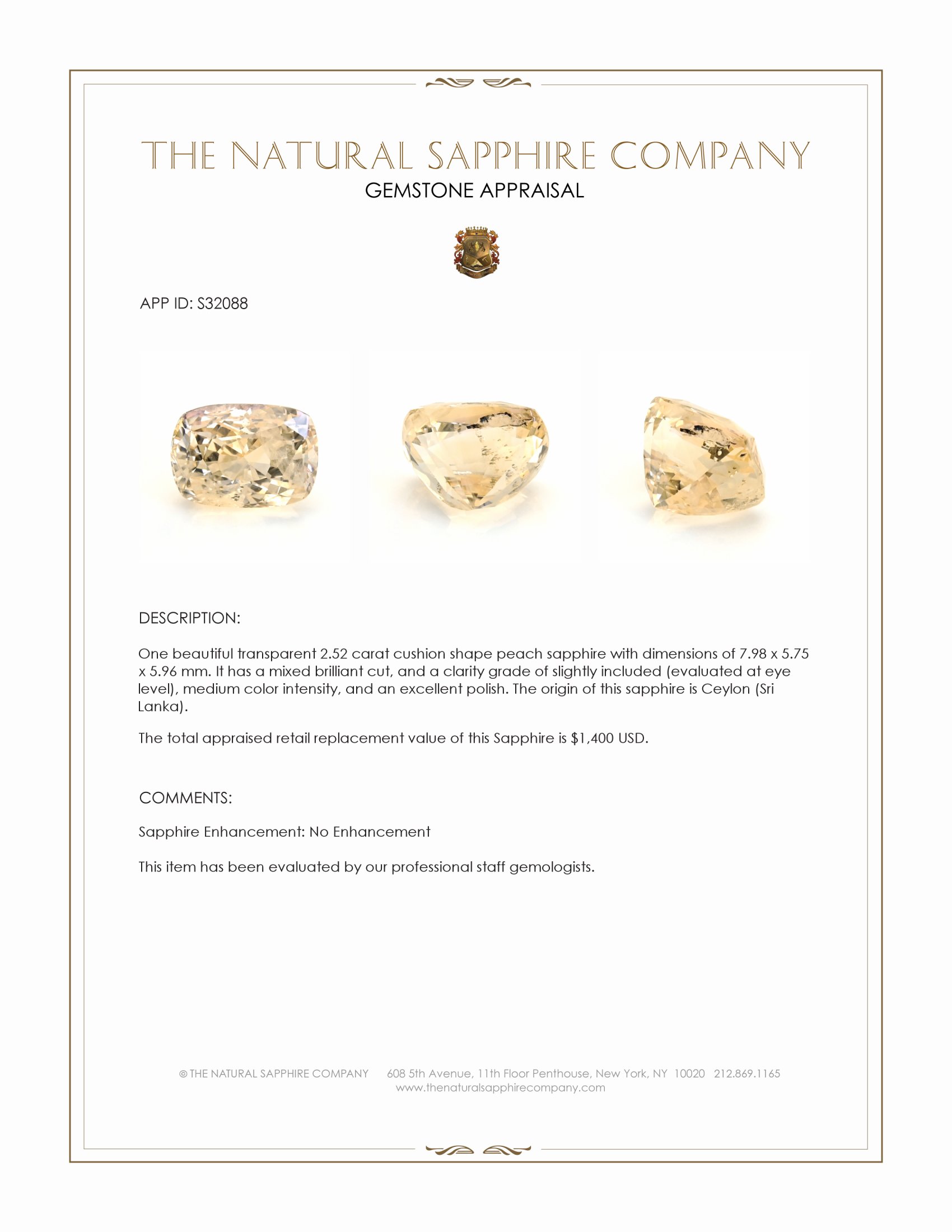 2.52 Ct. Peach Sapphire from Ceylon (Sri Lanka)