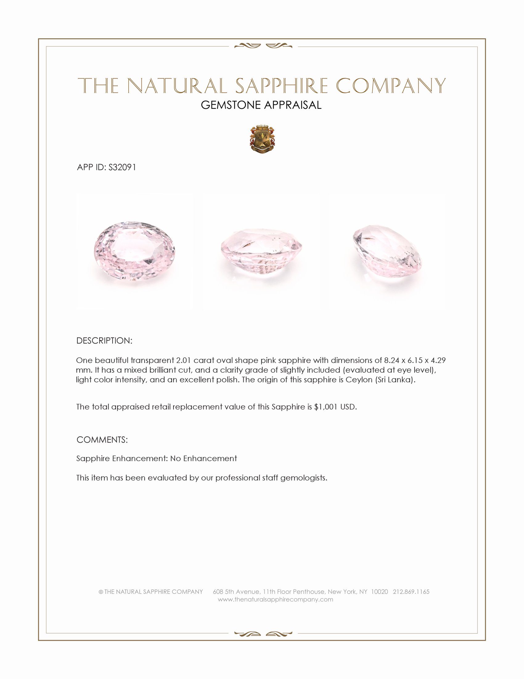 2.01 Ct. Pink Sapphire from Ceylon (Sri Lanka)