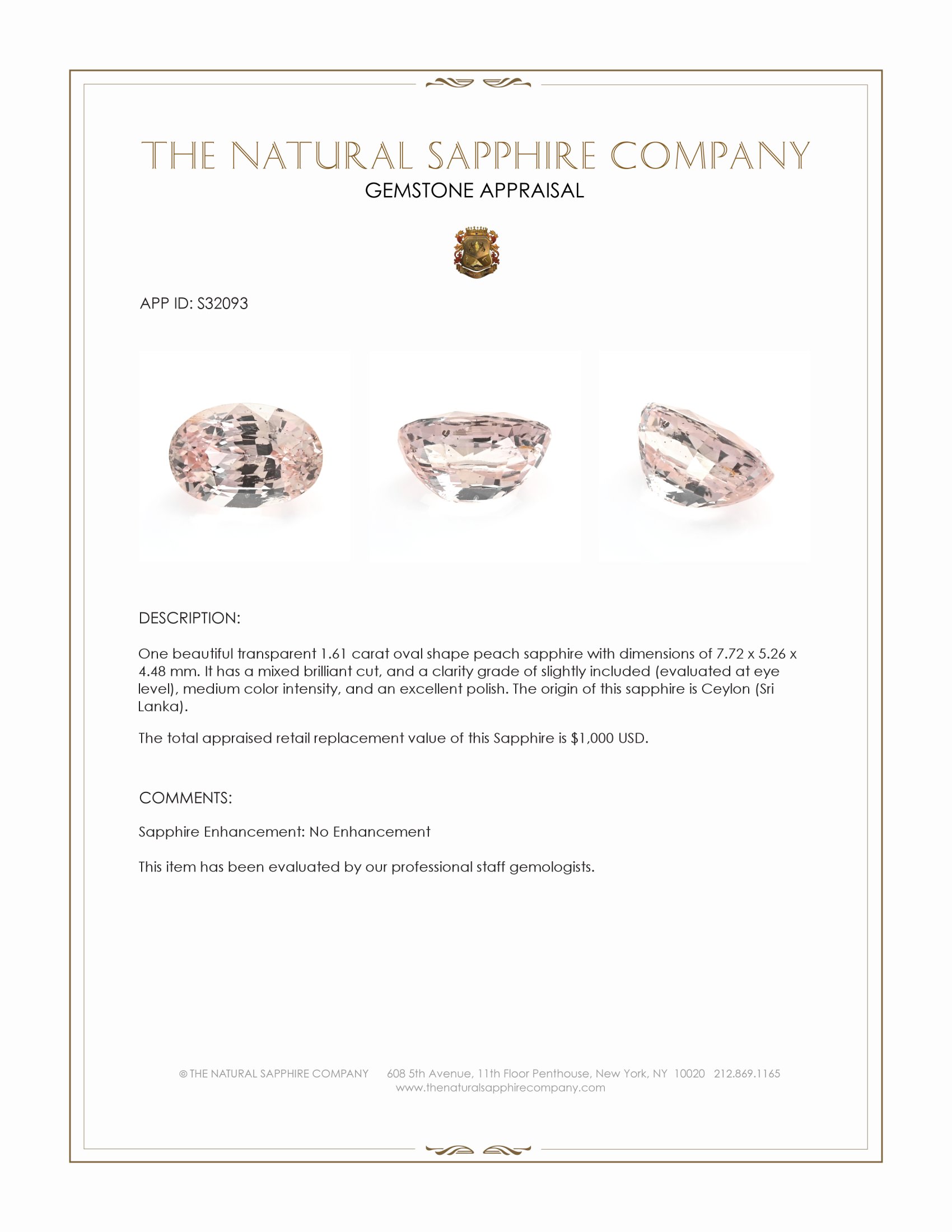 1.61 Ct. Peach Sapphire from Ceylon (Sri Lanka)