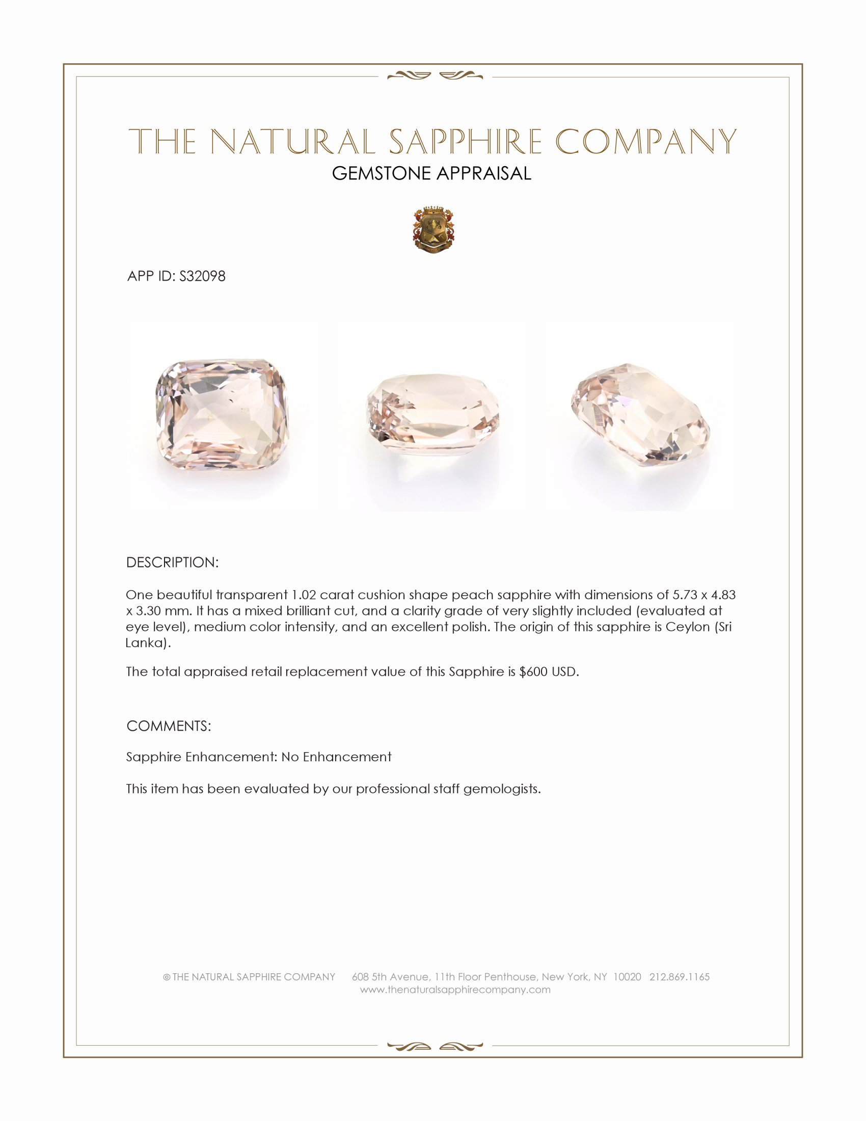 1.02 Ct. Peach Sapphire from Ceylon (Sri Lanka)
