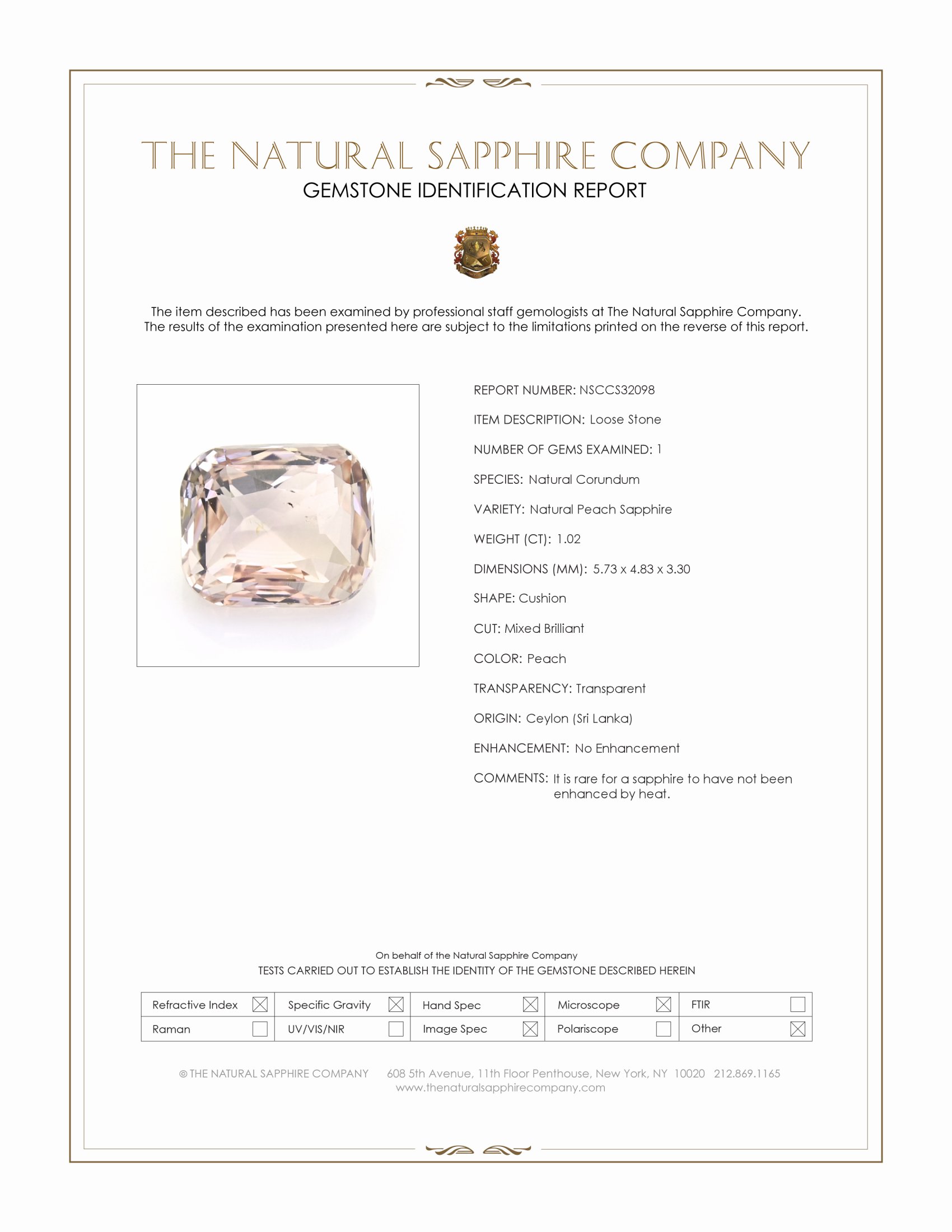 1.02 Ct. Peach Sapphire from Ceylon (Sri Lanka)