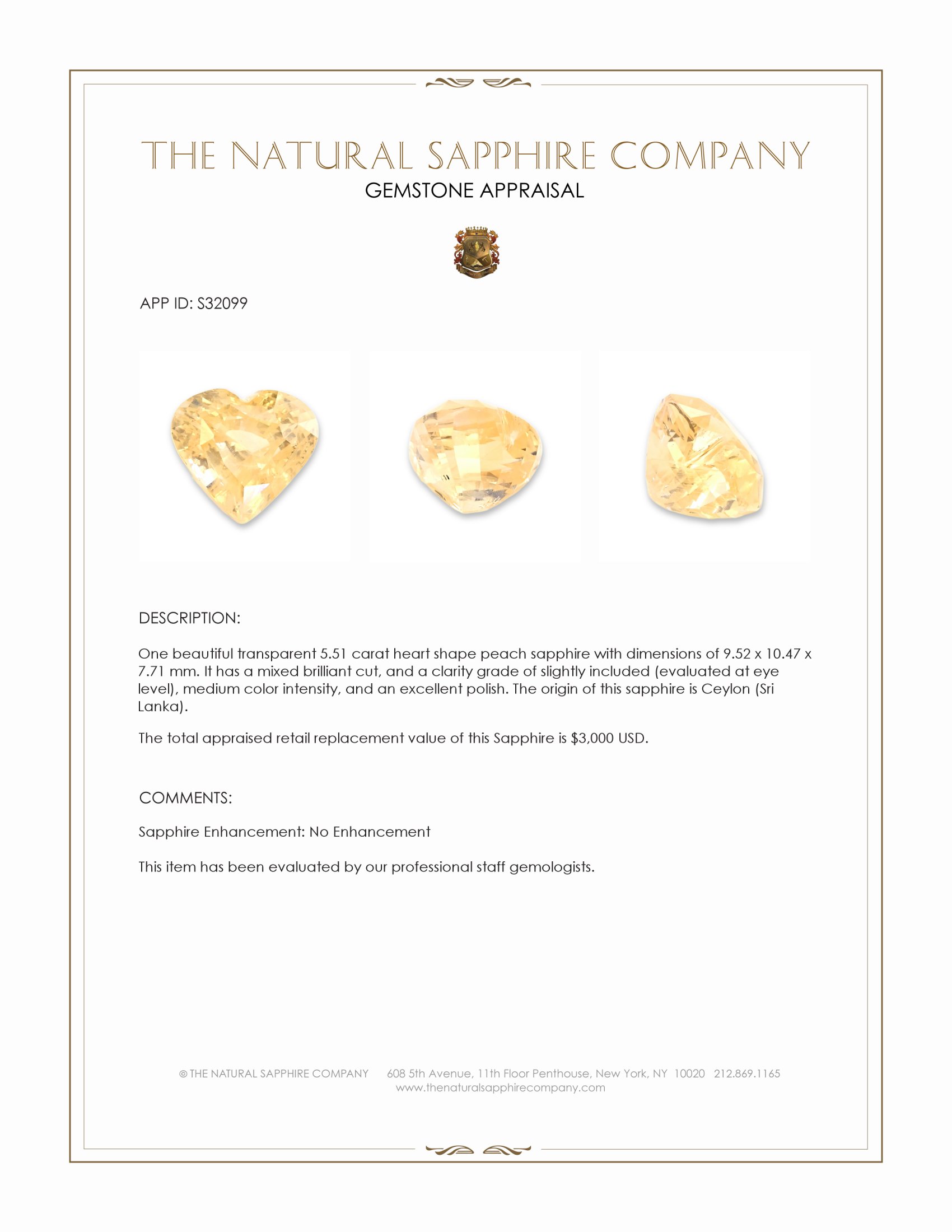 5.51 Ct. Peach Sapphire from Ceylon (Sri Lanka)