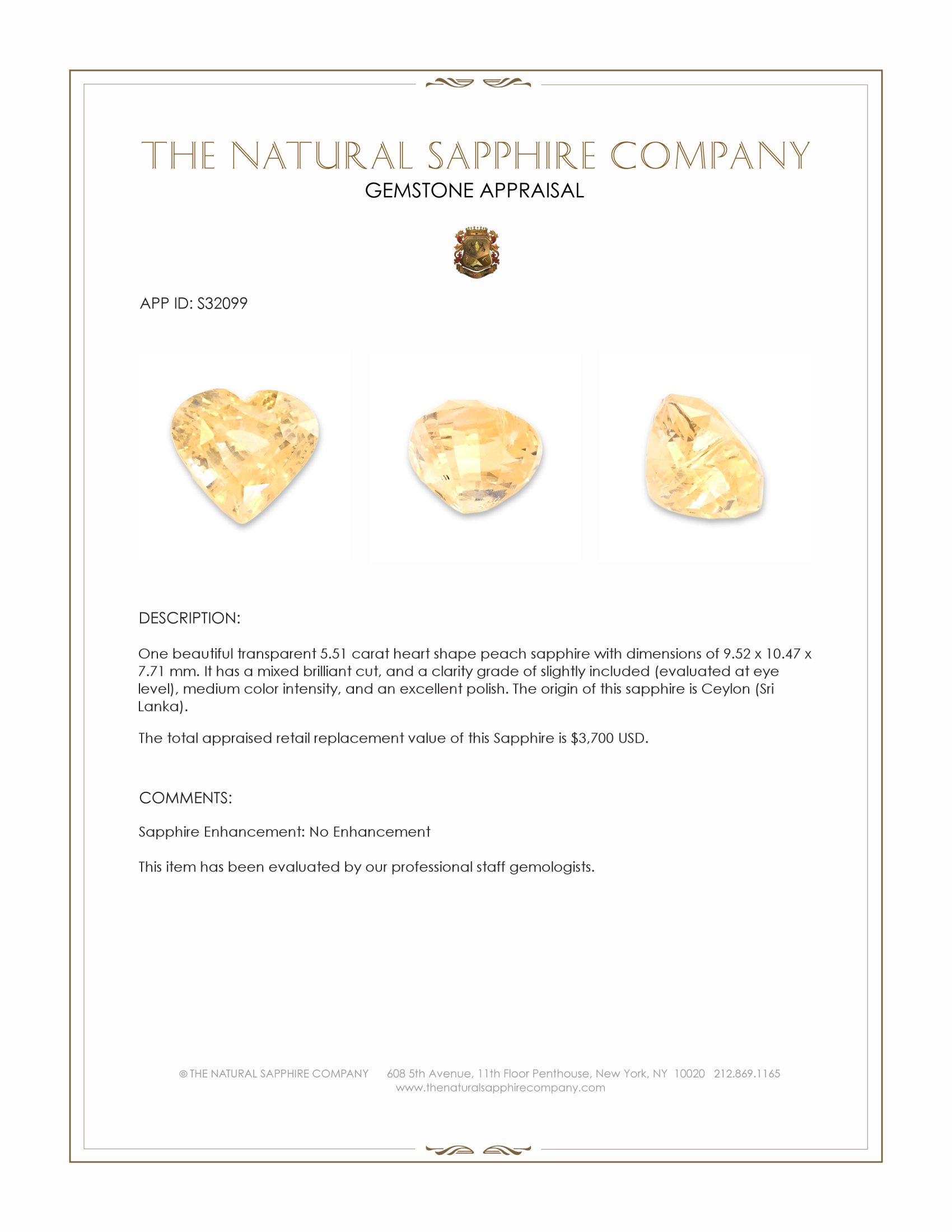 5.51 Ct. Peach Sapphire from Ceylon (Sri Lanka)