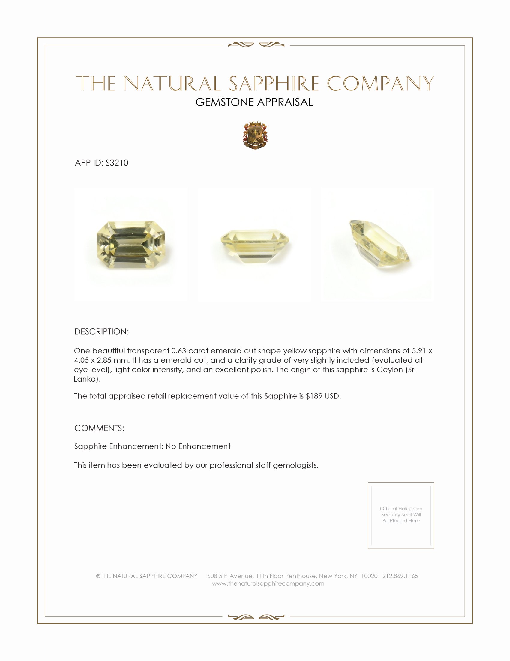 0.63 Ct. Yellow Sapphire from Ceylon (Sri Lanka)