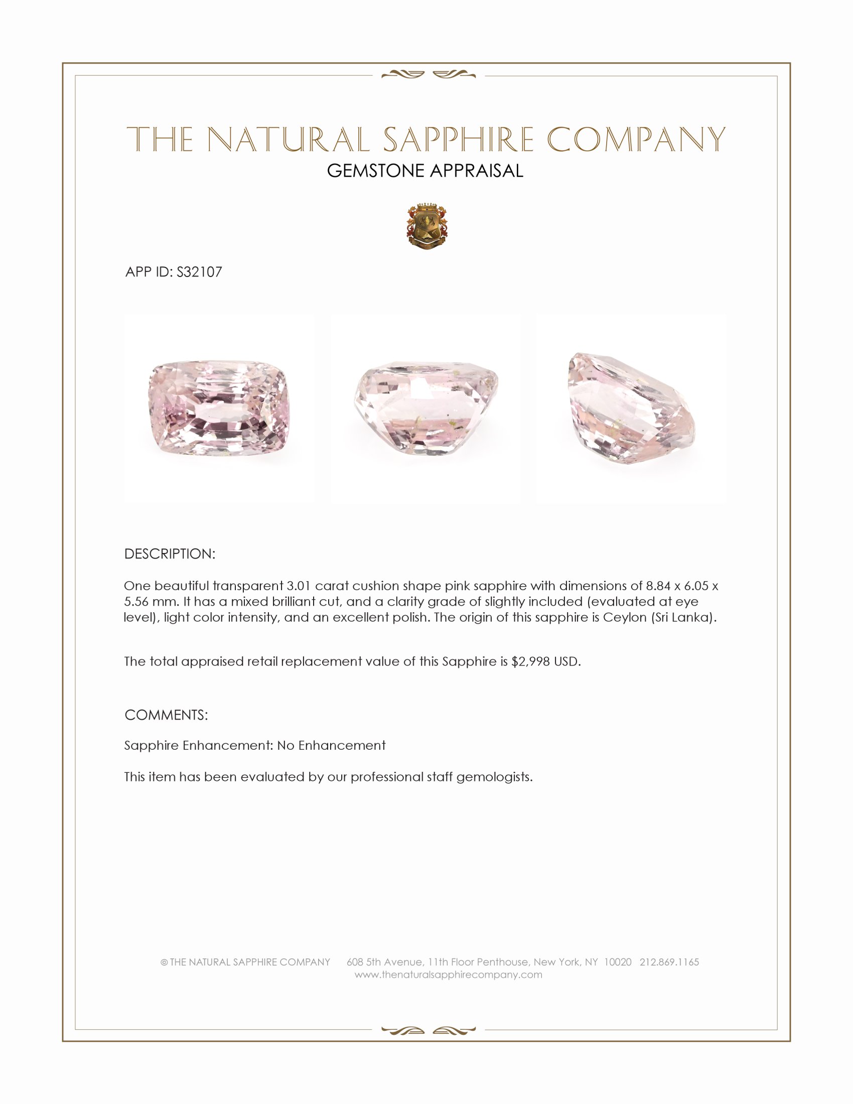 3.01 Ct. Pink Sapphire from Ceylon (Sri Lanka)
