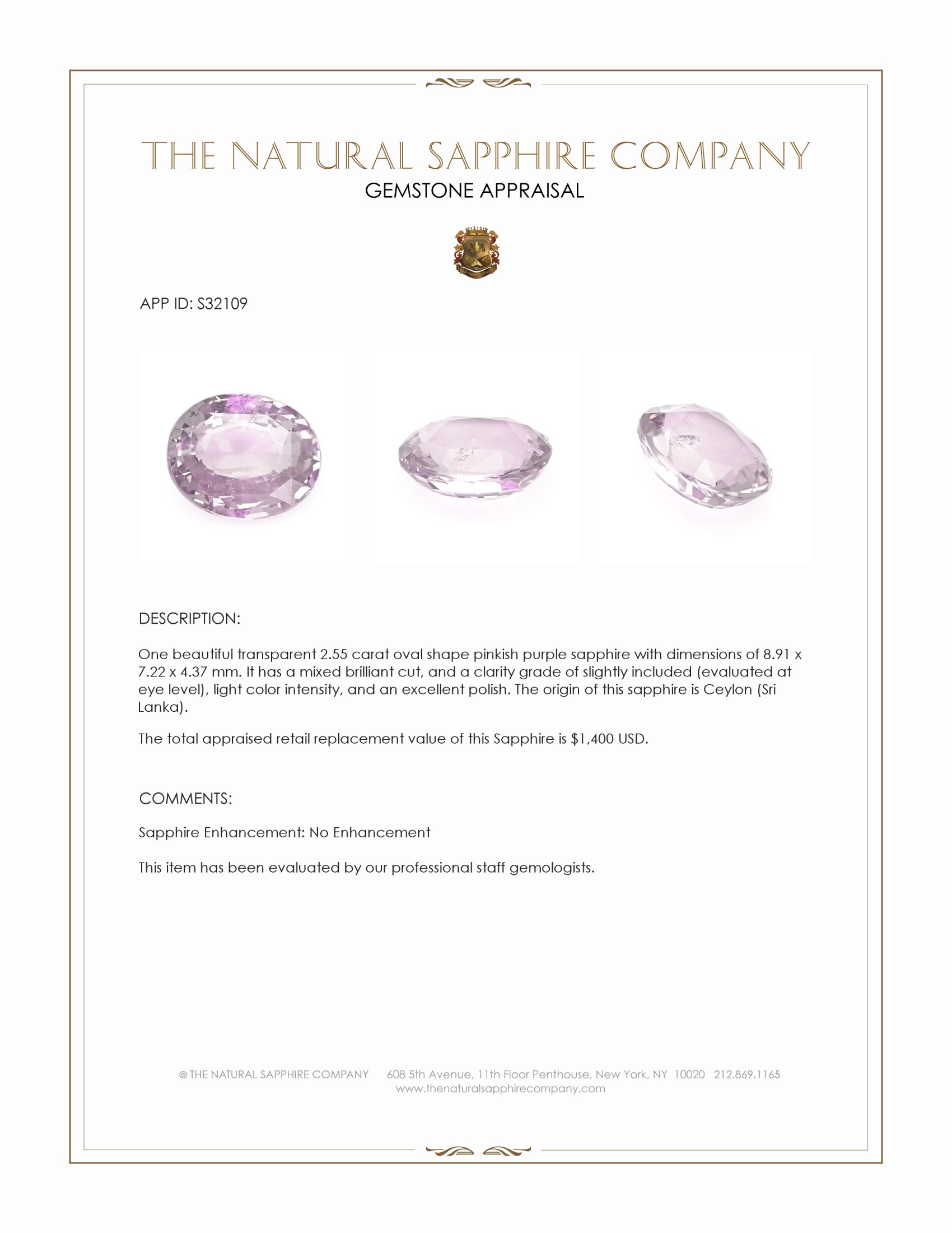 2.55 Ct. Pinkish Purple Sapphire from Ceylon (Sri Lanka)