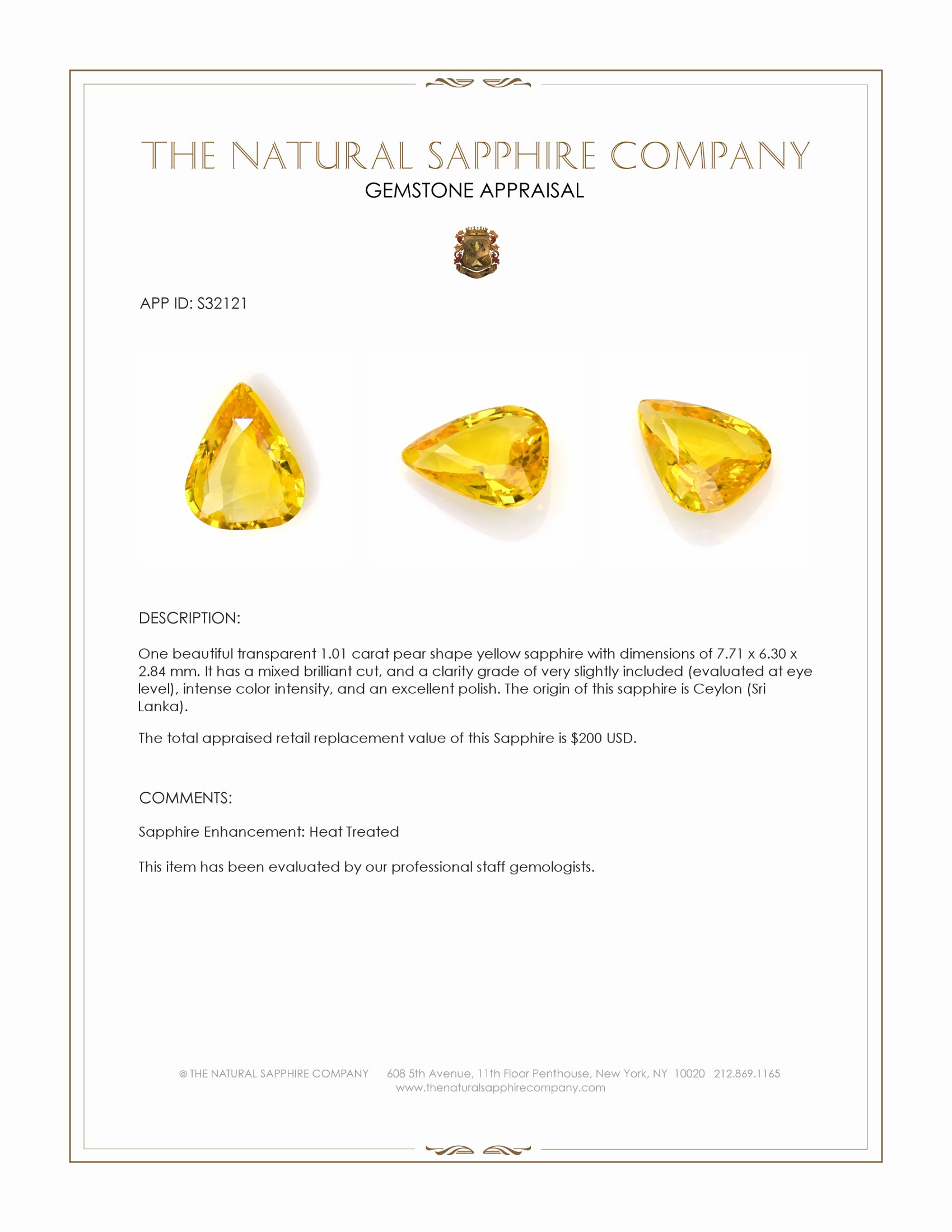 1.01 Ct. Yellow Sapphire from Ceylon (Sri Lanka)