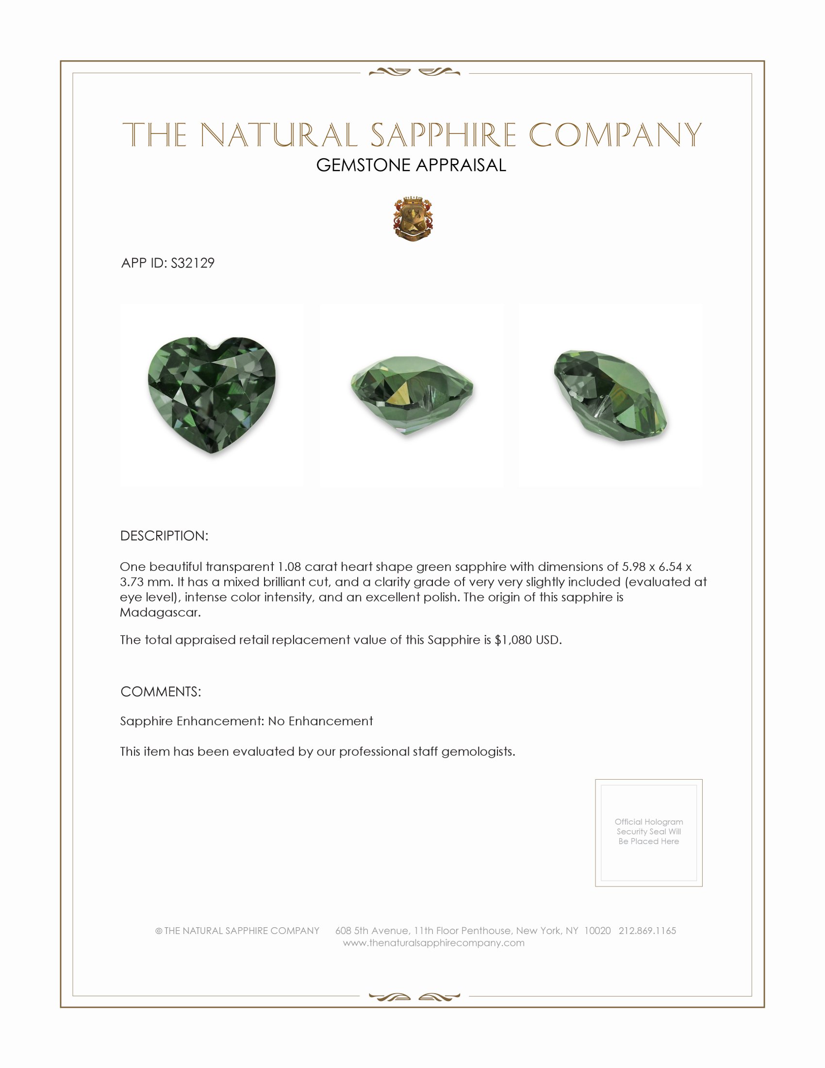 1.08 Ct. Green Sapphire from Madagascar