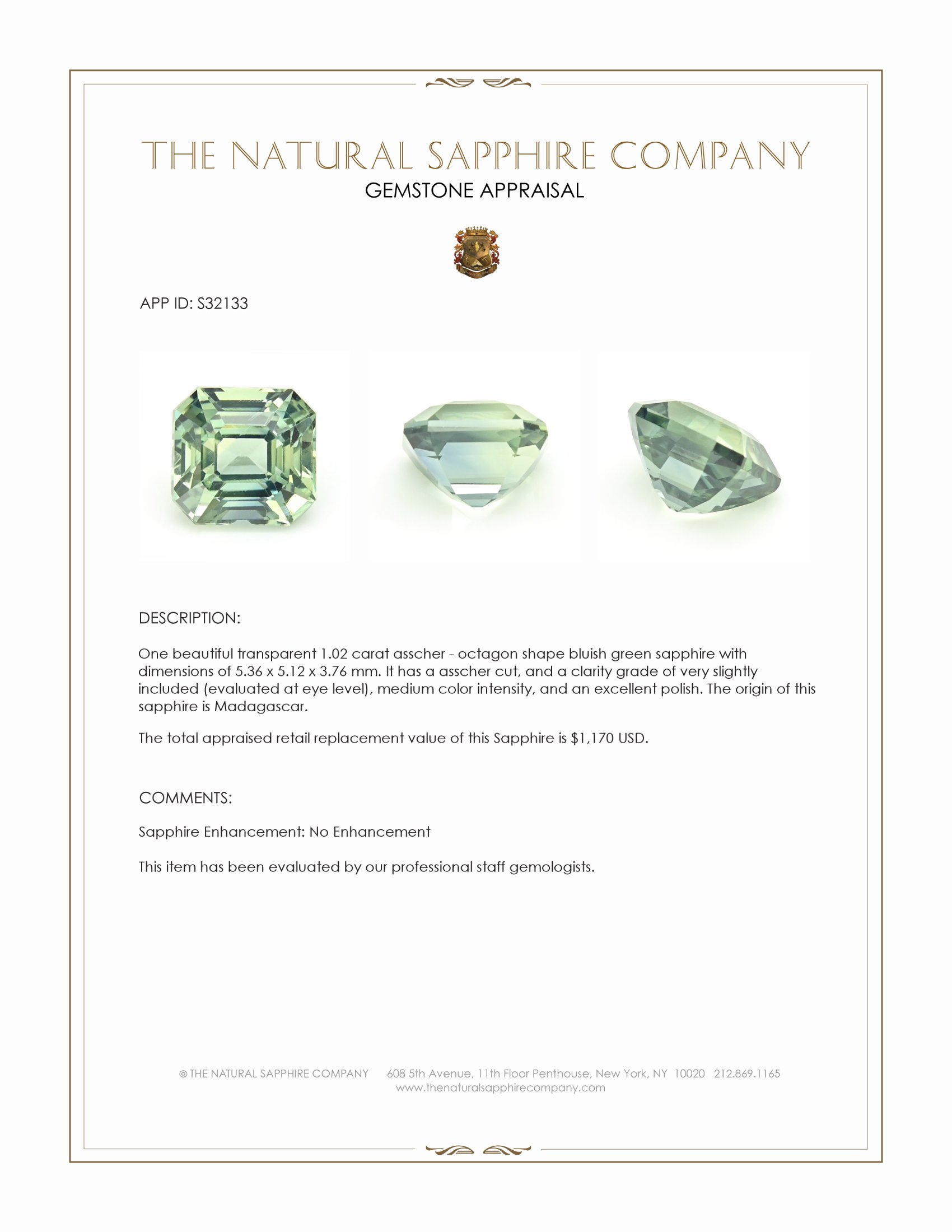 1.02 Ct. Bluish Green Sapphire from Madagascar