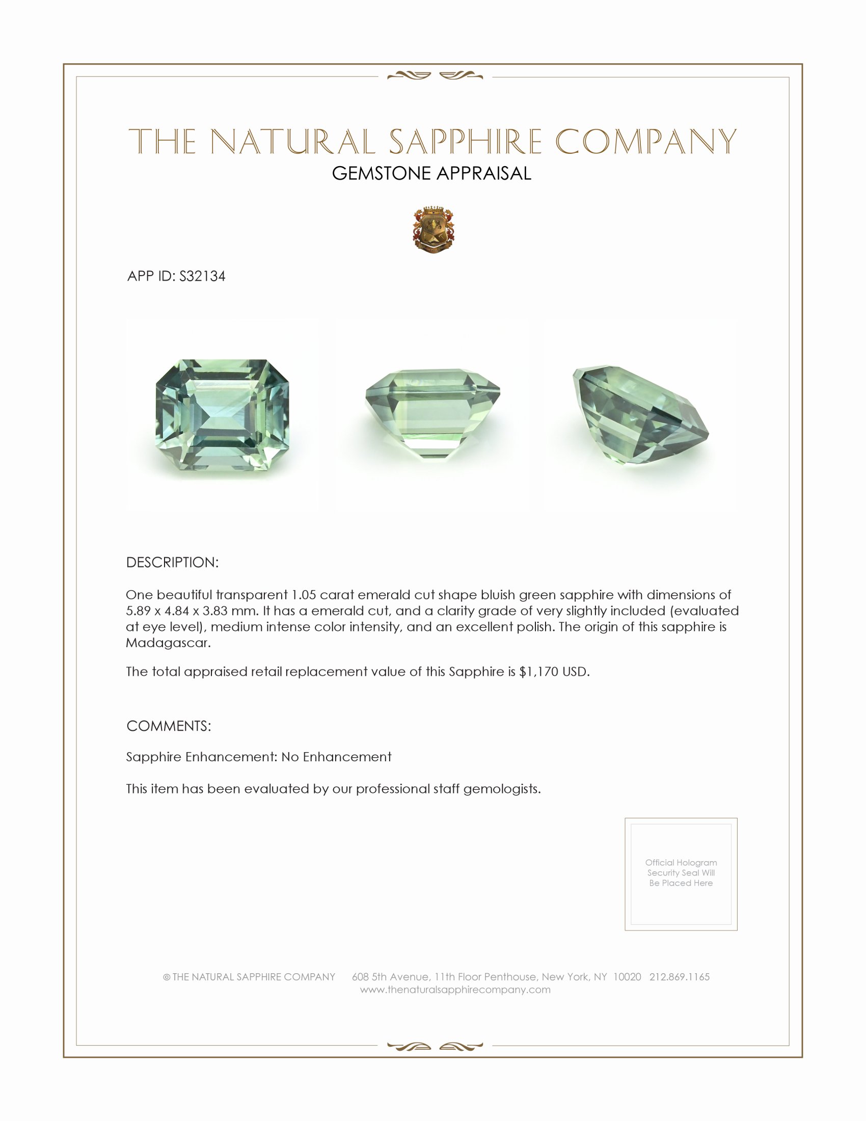 1.05 Ct. Bluish Green Sapphire from Madagascar