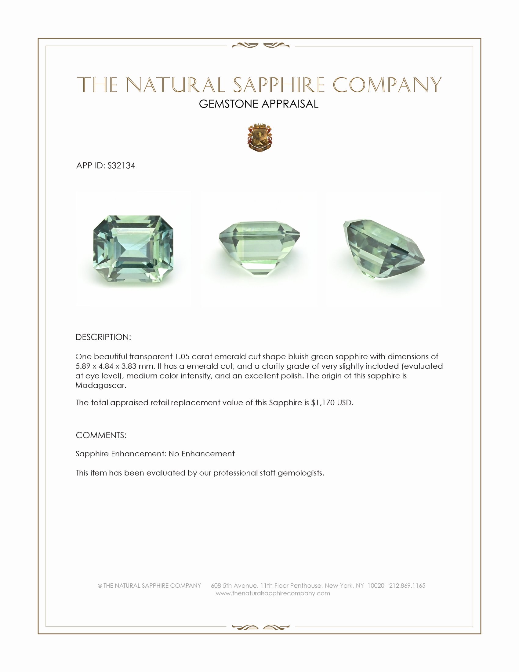 1.05 Ct. Bluish Green Sapphire from Madagascar