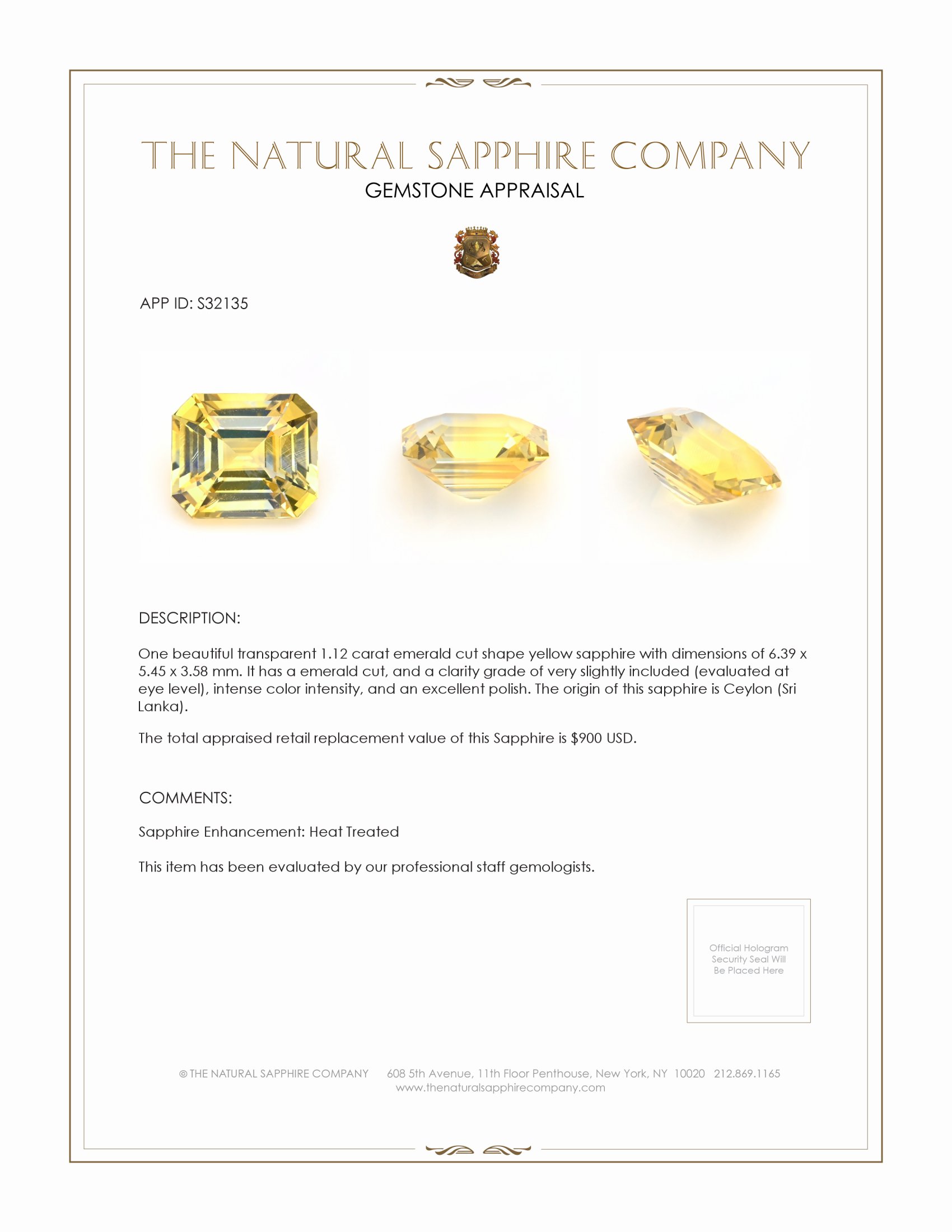 1.12 Ct. Yellow Sapphire from Ceylon (Sri Lanka)