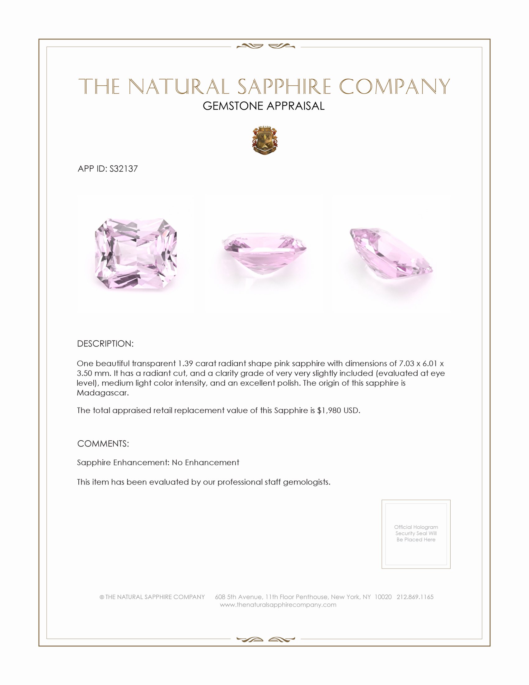 1.39 Ct. Pink Sapphire from Madagascar