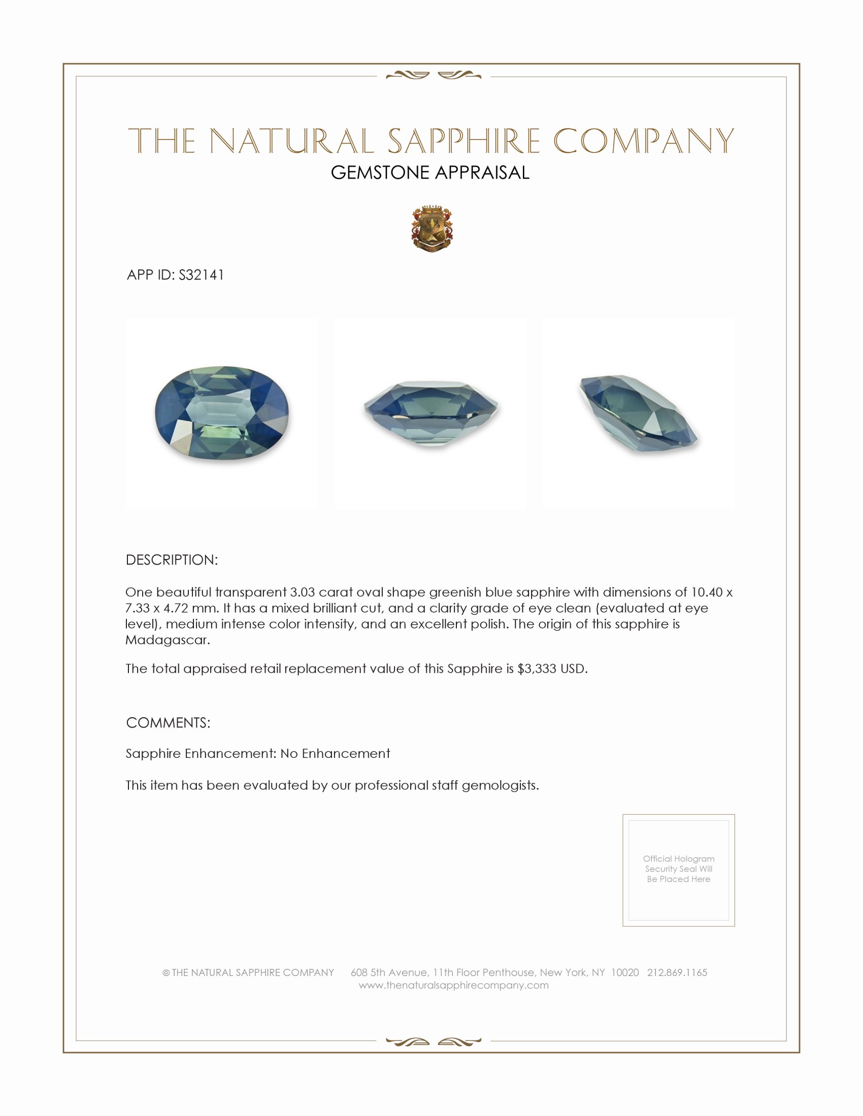 3.03 Ct. Greenish Blue Sapphire from Madagascar