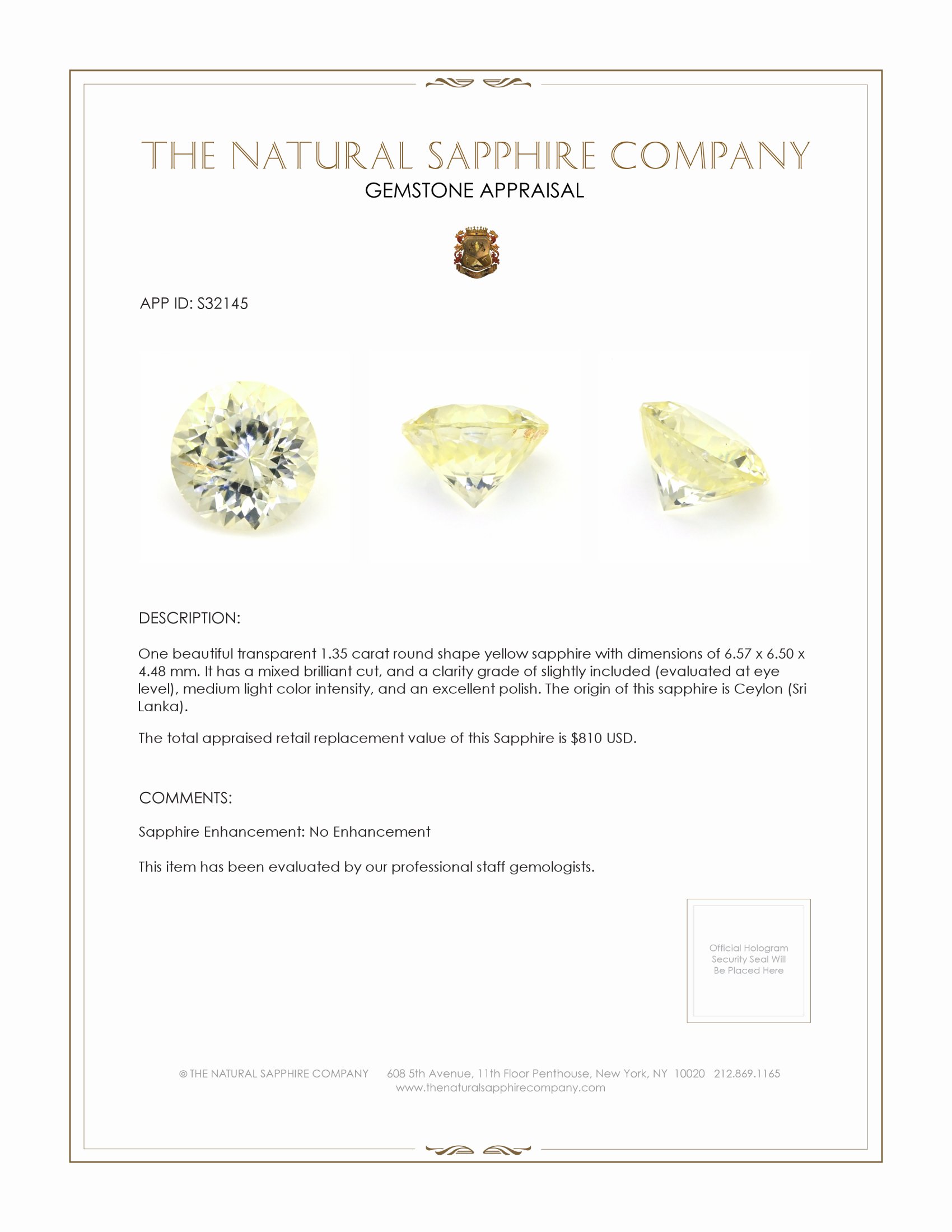 1.35 Ct. Yellow Sapphire from Ceylon (Sri Lanka)