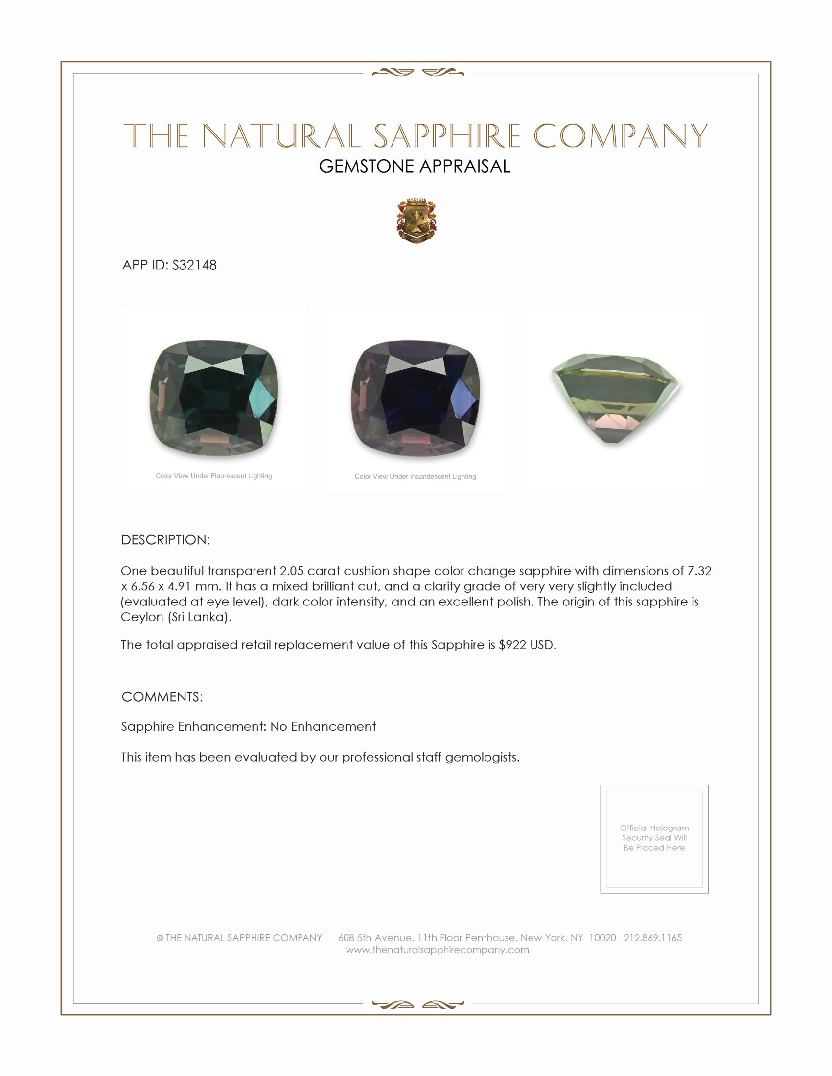 2.05 Ct. Color Change Sapphire from Ceylon (Sri Lanka)