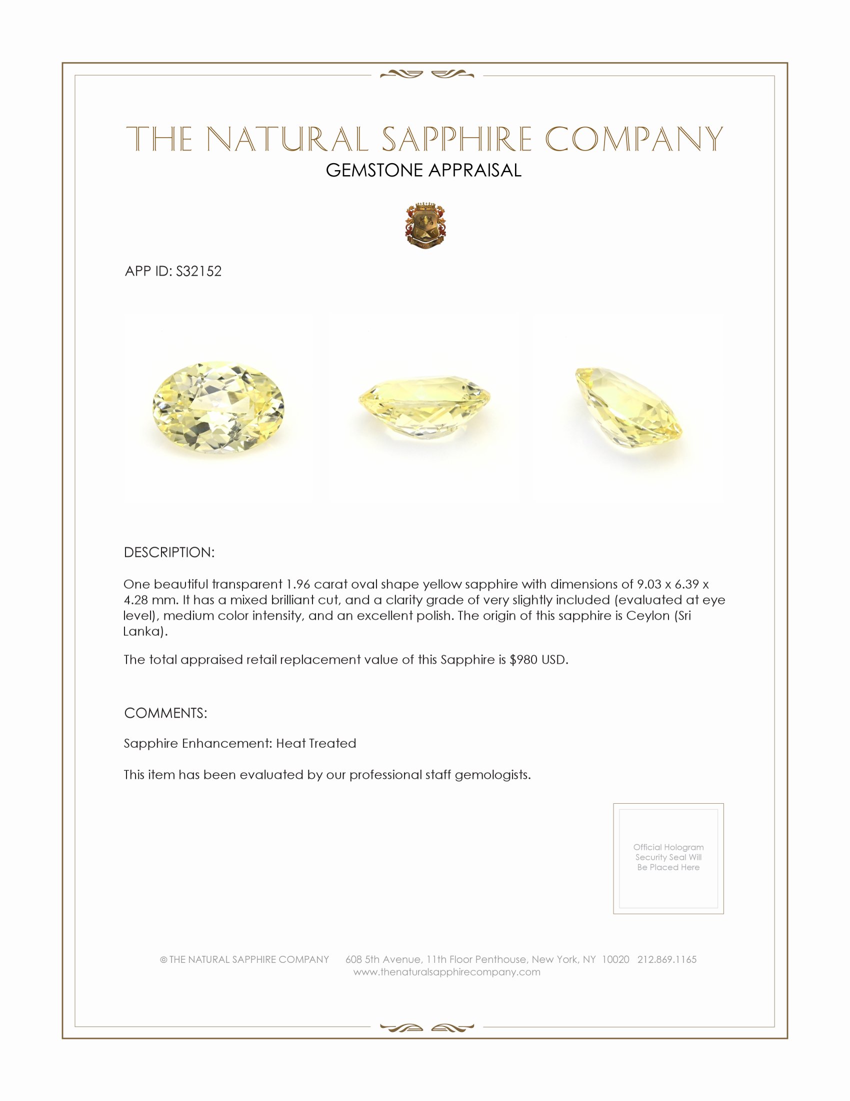 1.96 Ct. Yellow Sapphire from Ceylon (Sri Lanka)