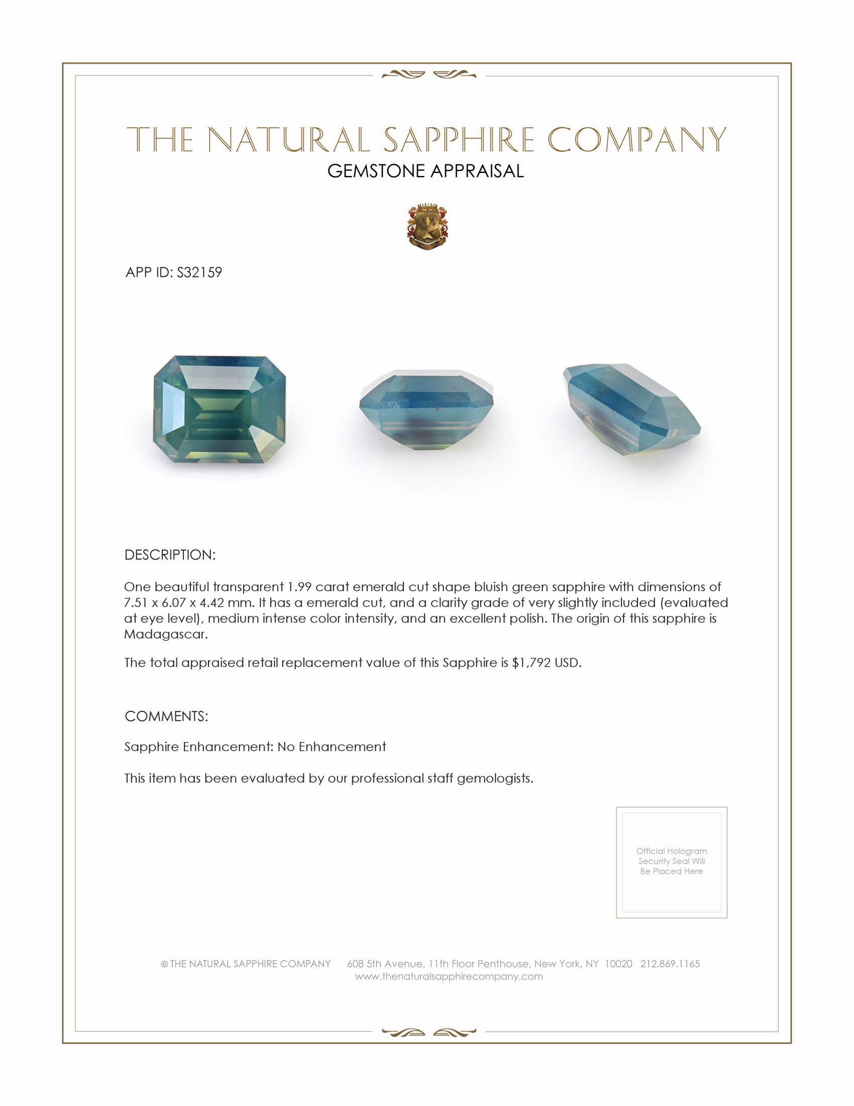 1.99 Ct. Greenish Blue Sapphire from Madagascar