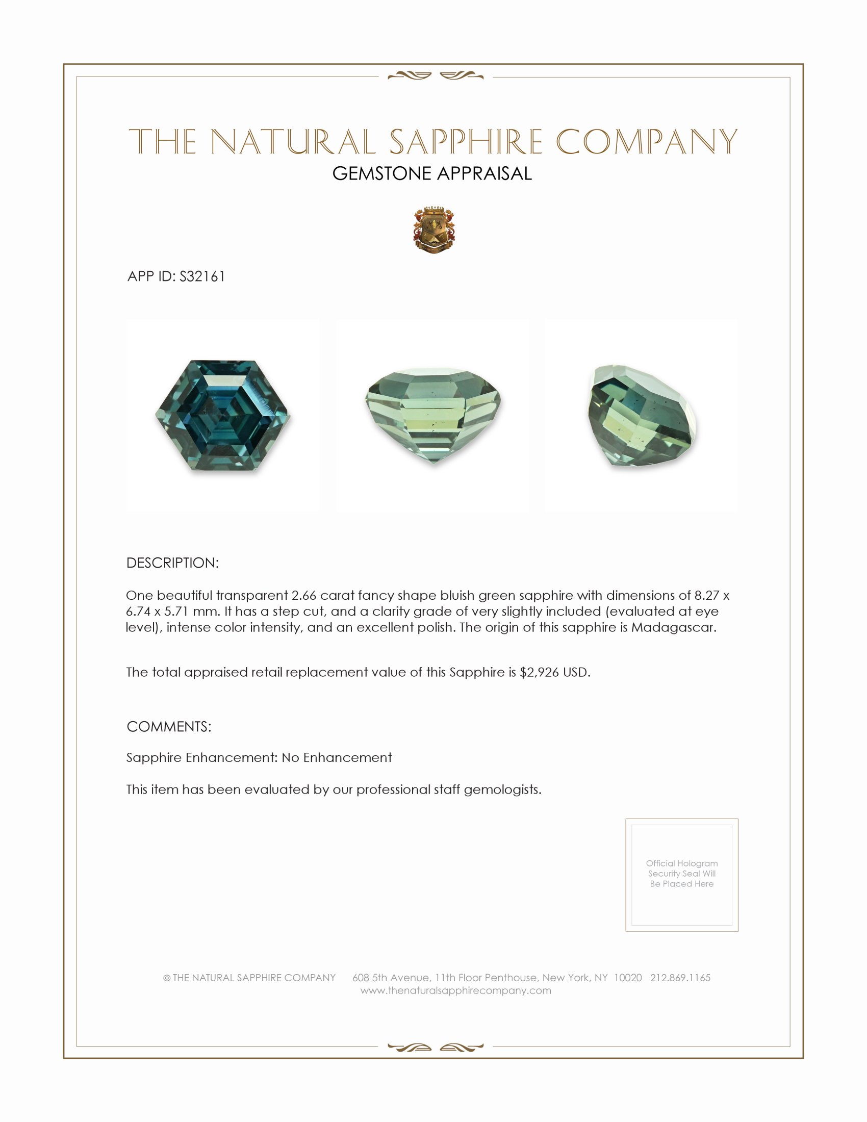 2.66 Ct. Bluish Green Sapphire from Madagascar