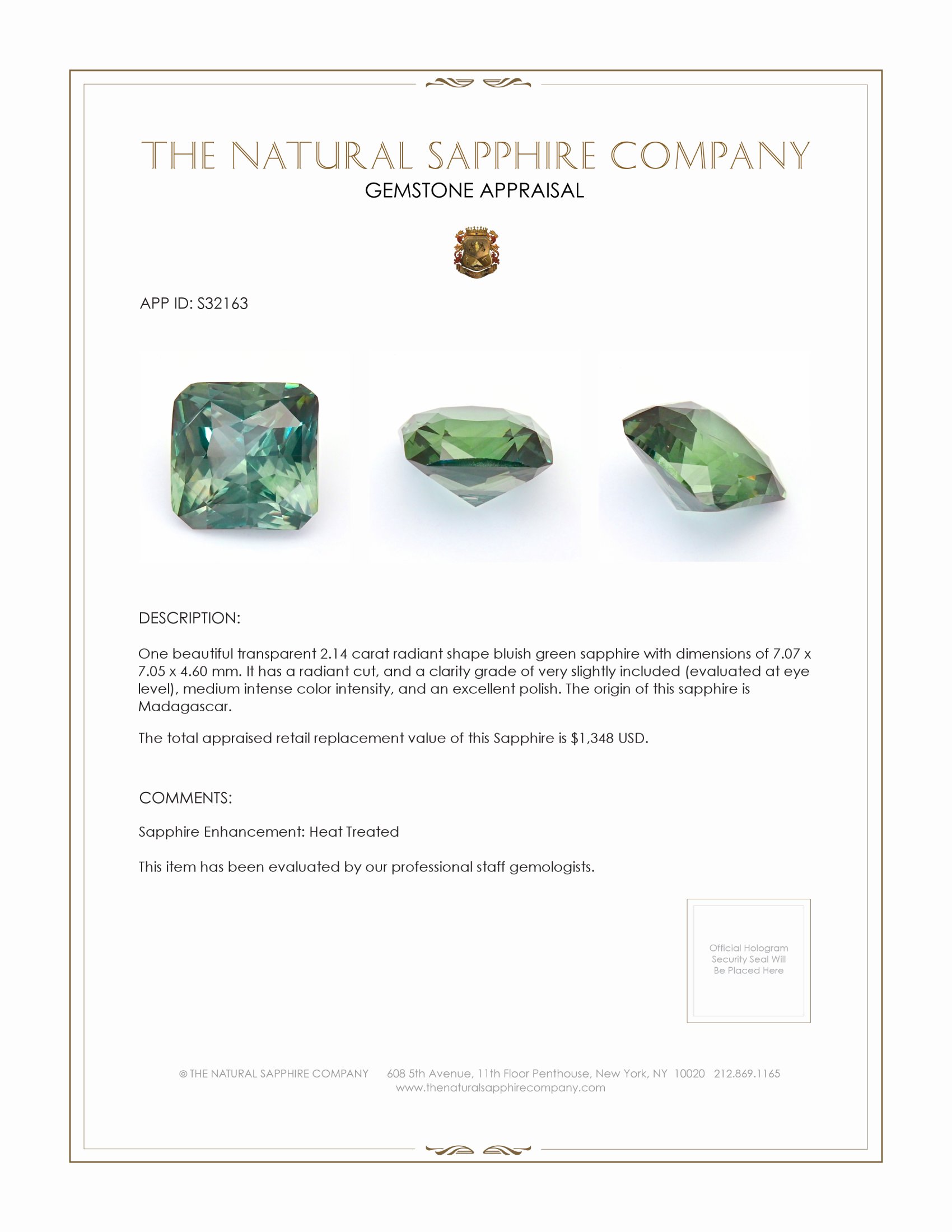 2.14 Ct. Bluish Green Sapphire from Madagascar