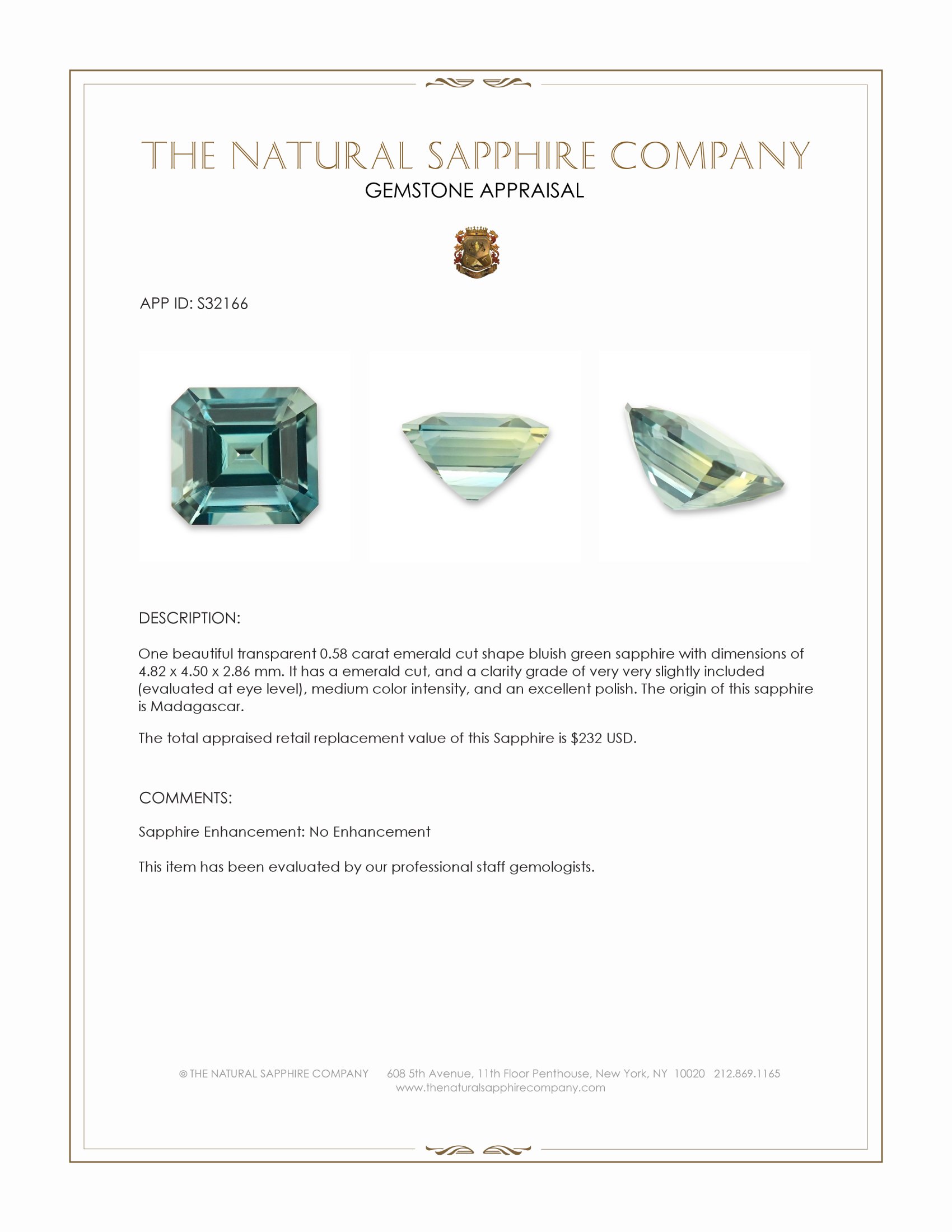 0.58 Ct. Bluish Green Sapphire from Madagascar