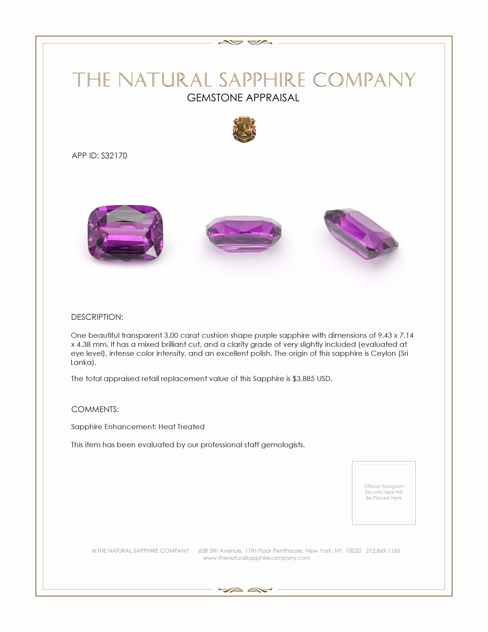 3.00 Ct. Purple Sapphire from Ceylon (Sri Lanka)