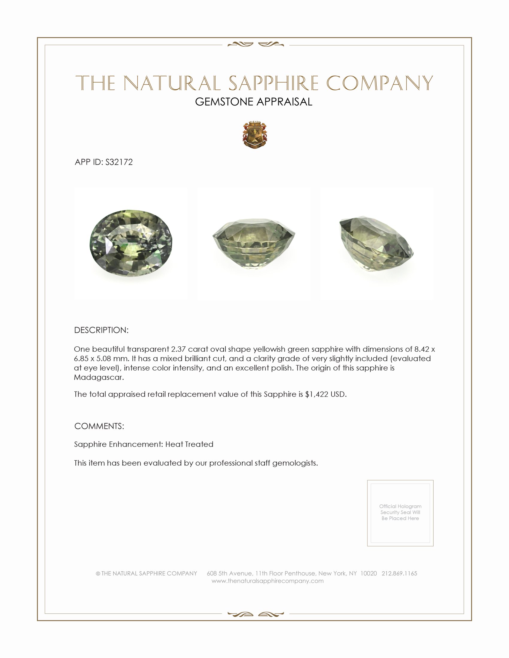 2.37 Ct. Yellowish Green Sapphire from Madagascar