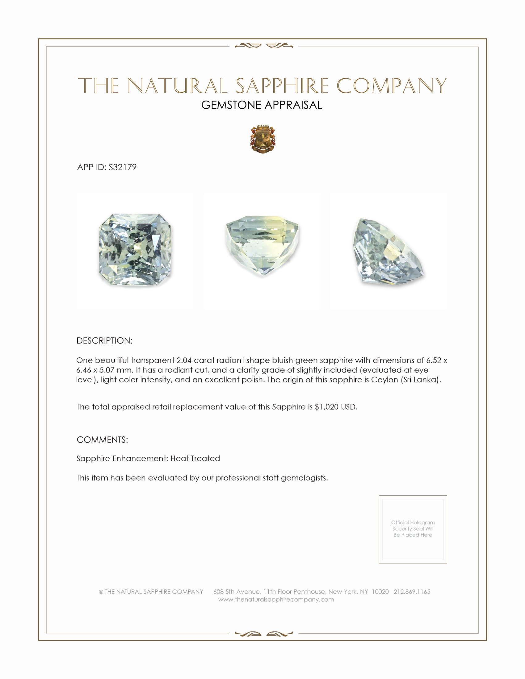 2.04 Ct. Bluish Green Sapphire from Ceylon (Sri Lanka)