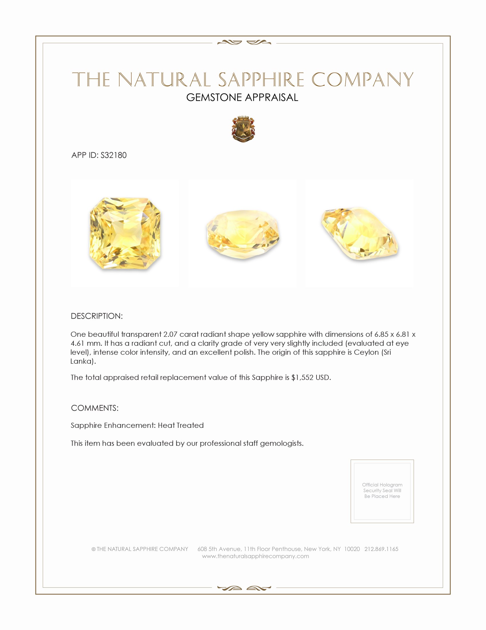 2.07 Ct. Yellow Sapphire from Ceylon (Sri Lanka)