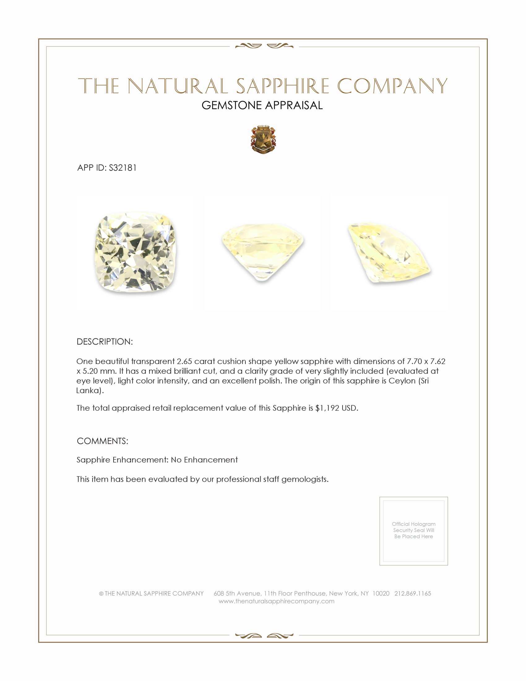 2.65 Ct. Yellow Sapphire from Ceylon (Sri Lanka)