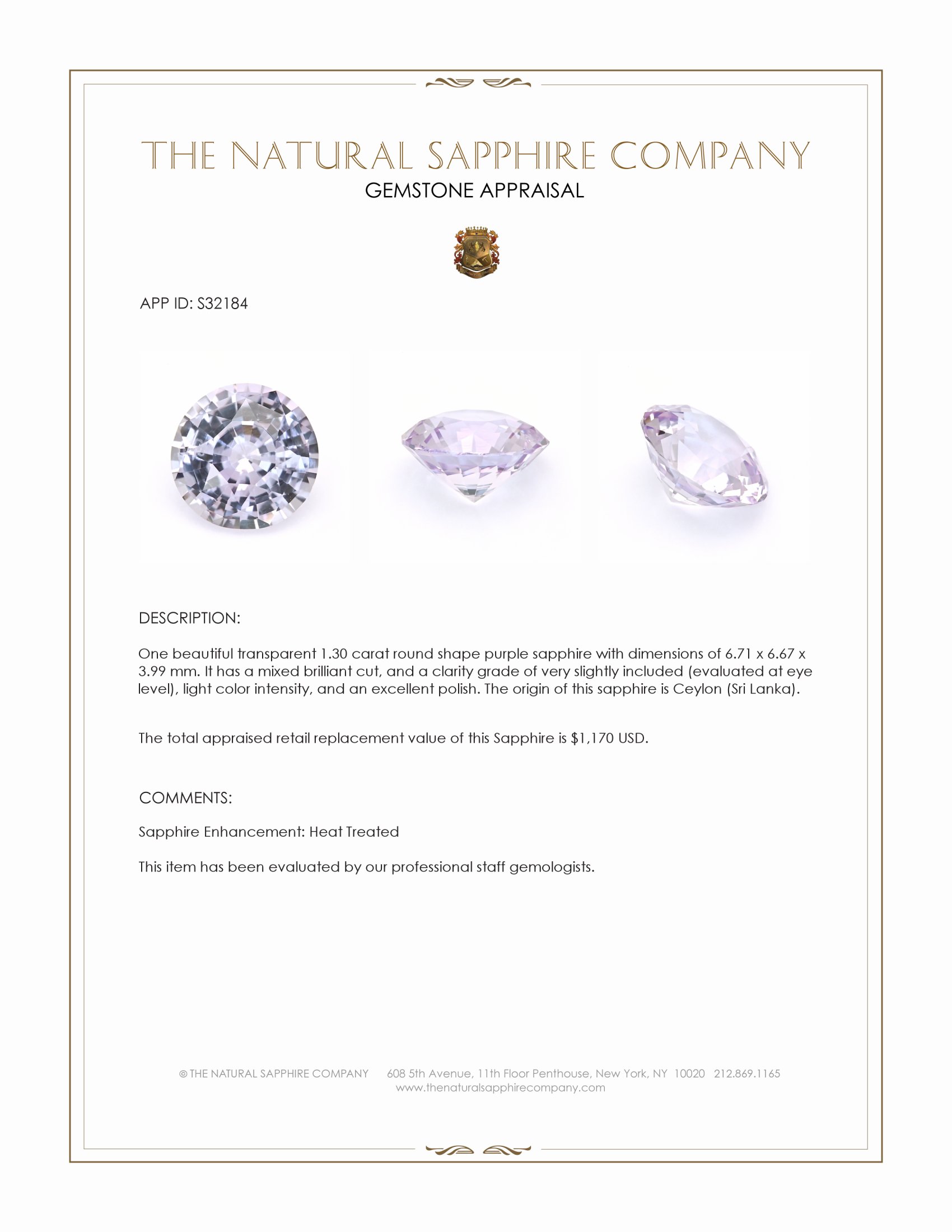 1.30 Ct. Purple Sapphire from Ceylon (Sri Lanka)