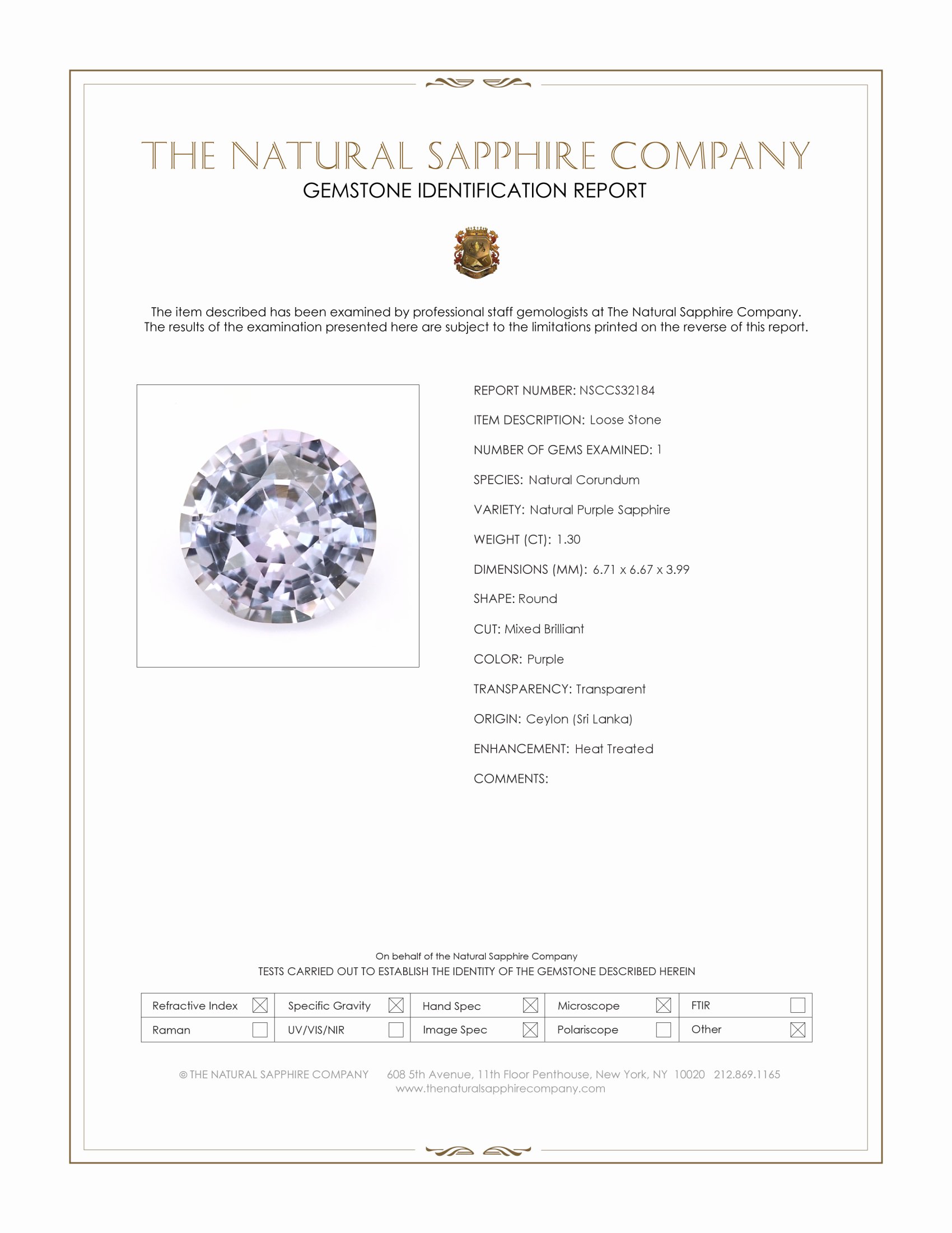 1.30 Ct. Purple Sapphire from Ceylon (Sri Lanka)