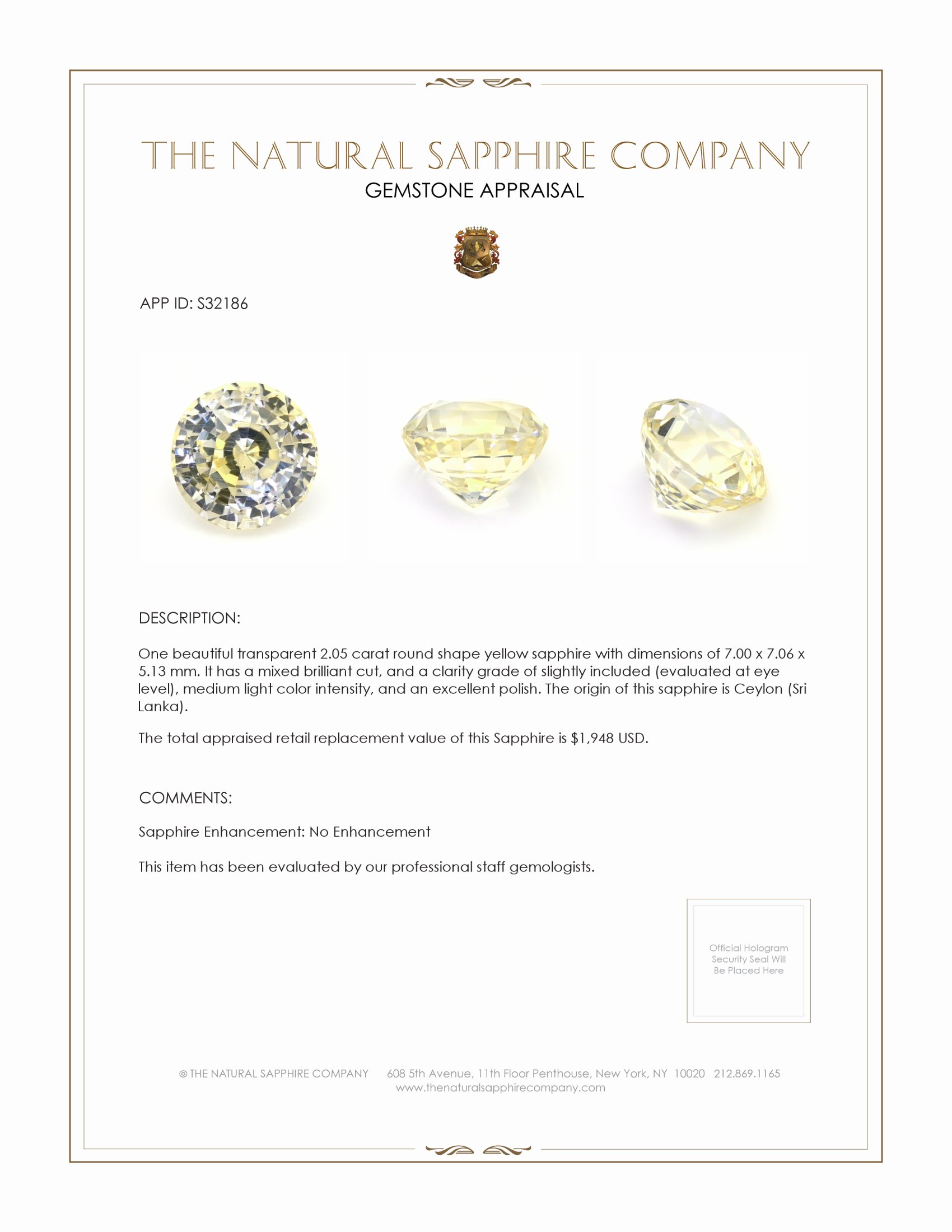 2.05 Ct. Yellow Sapphire from Ceylon (Sri Lanka)