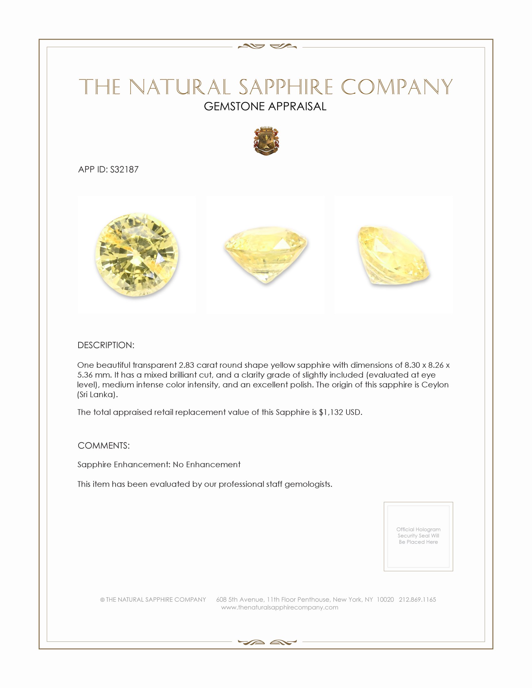 2.83 Ct. Yellow Sapphire from Ceylon (Sri Lanka)