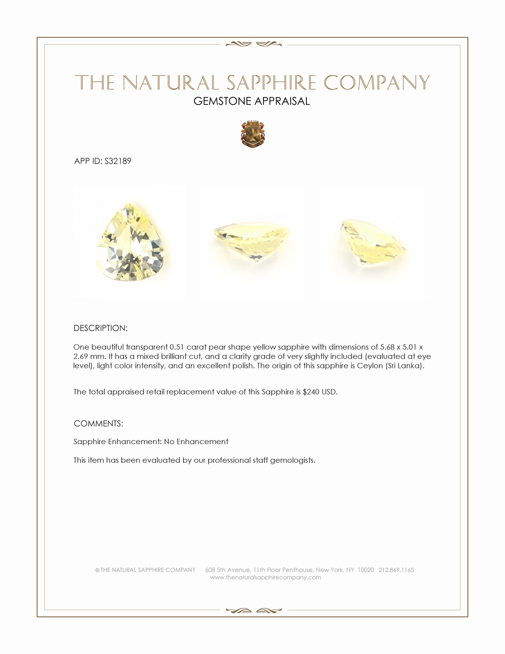 0.51 Ct. Yellow Sapphire from Ceylon (Sri Lanka)