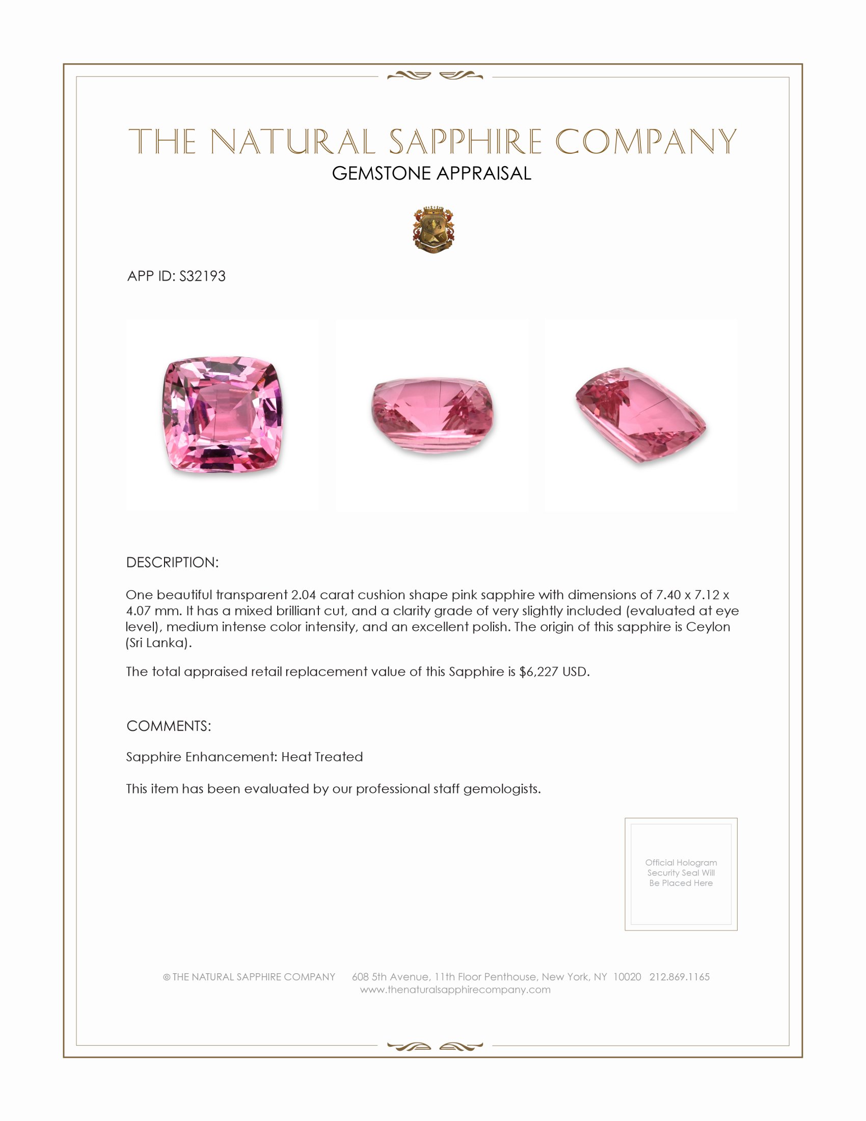 2.04 Ct. Pink Sapphire from Ceylon (Sri Lanka)