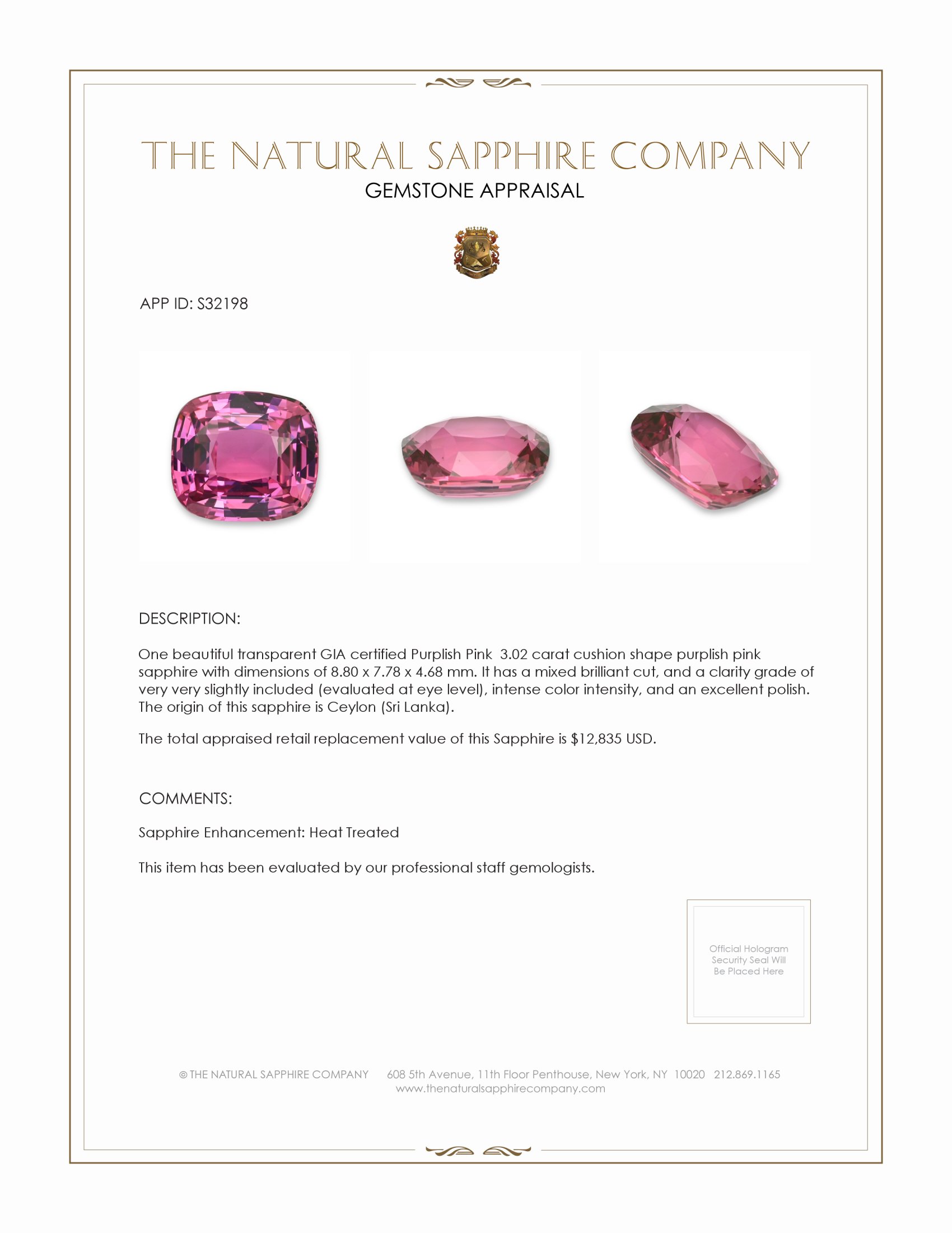 3.02 Ct. Purplish Pink Sapphire from Ceylon (Sri Lanka)