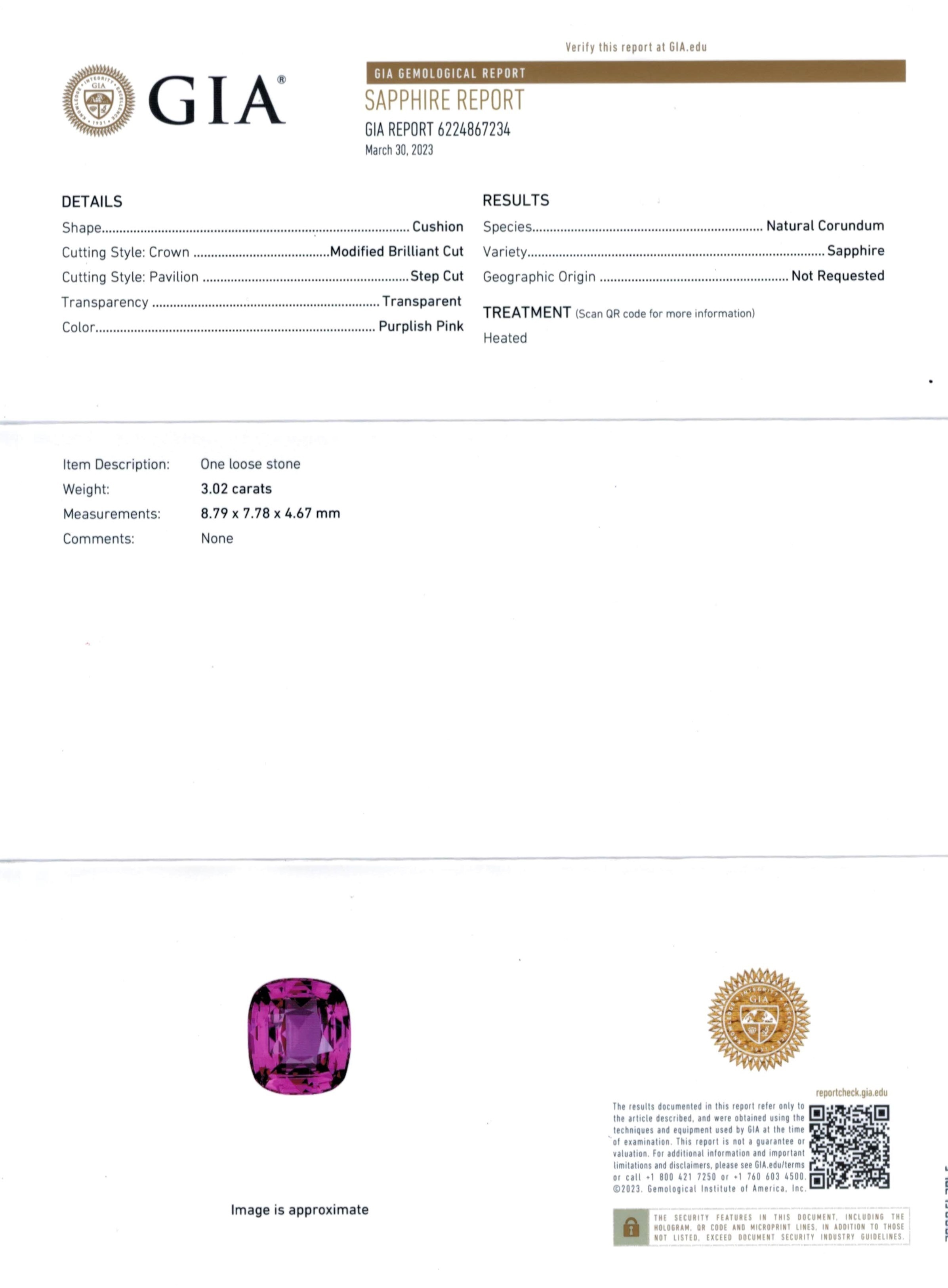 3.02 Ct. Purplish Pink Sapphire from Ceylon (Sri Lanka)