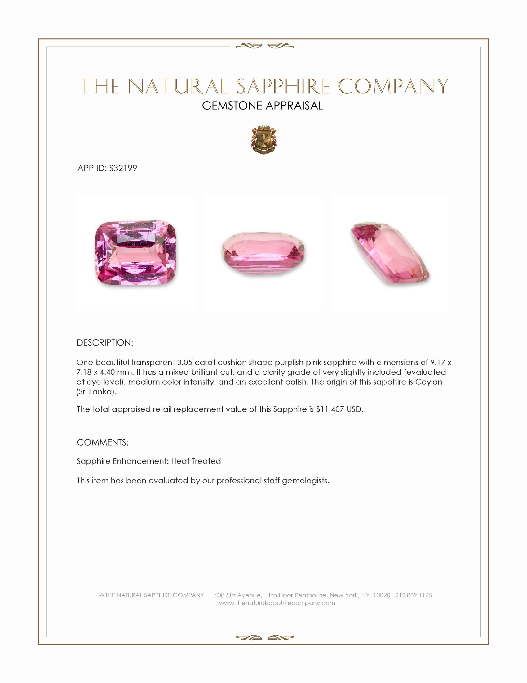 3.05 Ct. Purplish Pink Sapphire from Ceylon (Sri Lanka)