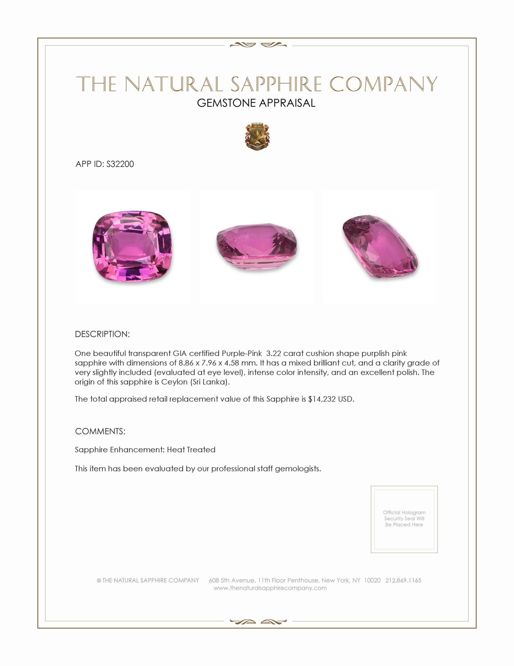 3.22 Ct. Purplish Pink Sapphire from Ceylon (Sri Lanka)