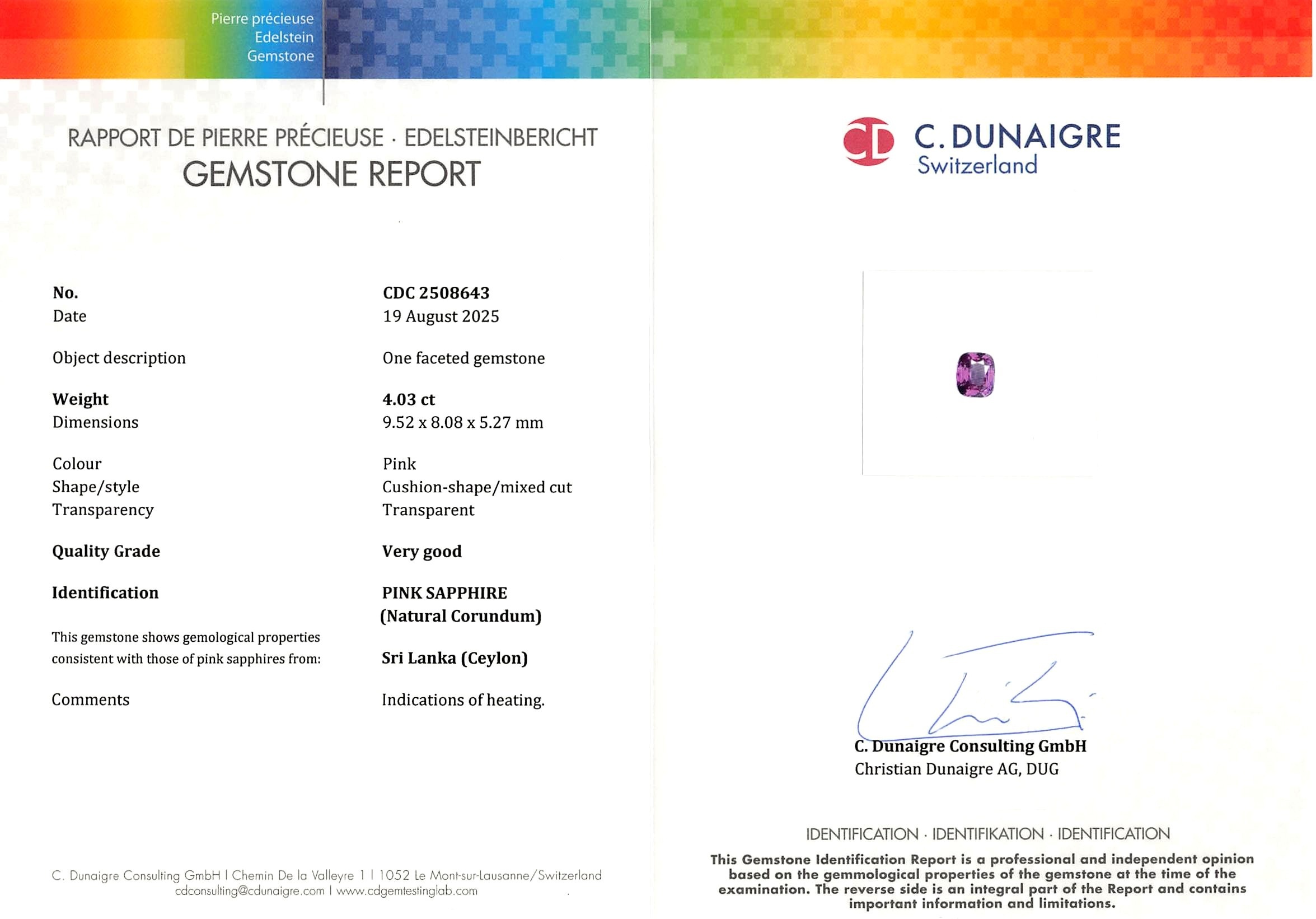 4.03 Ct. Pink Sapphire from Ceylon (Sri Lanka)