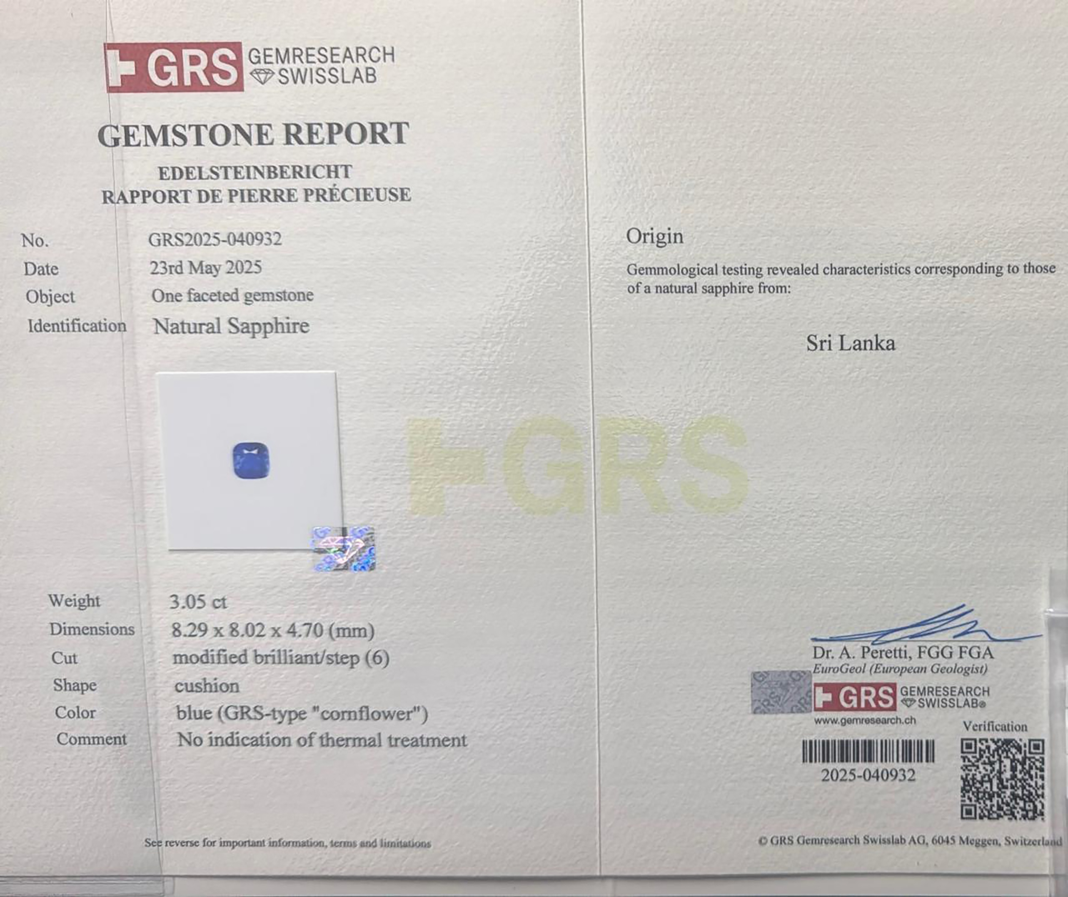 3.05 Ct. Blue Sapphire from Ceylon (Sri Lanka)