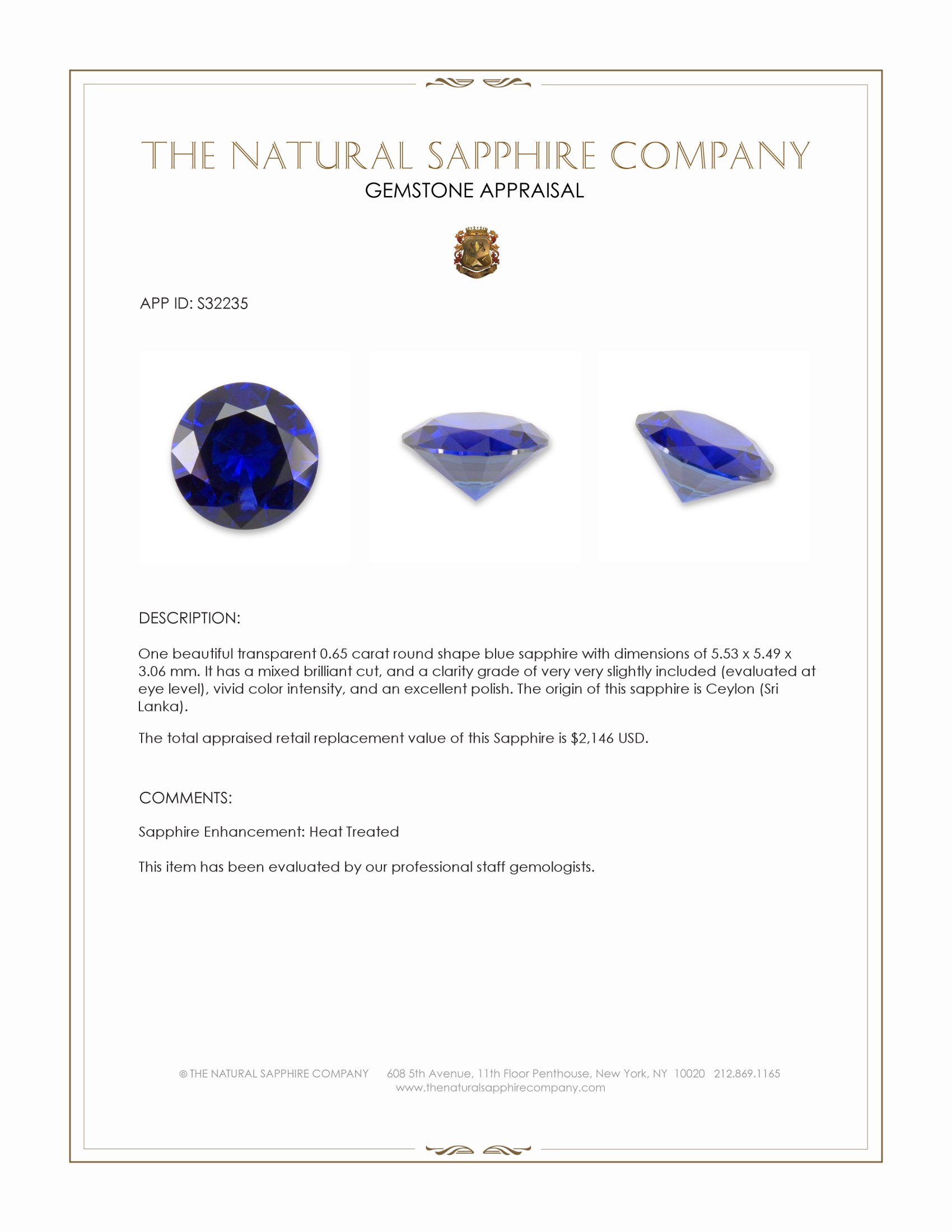 0.65 Ct. Blue Sapphire from Ceylon (Sri Lanka)