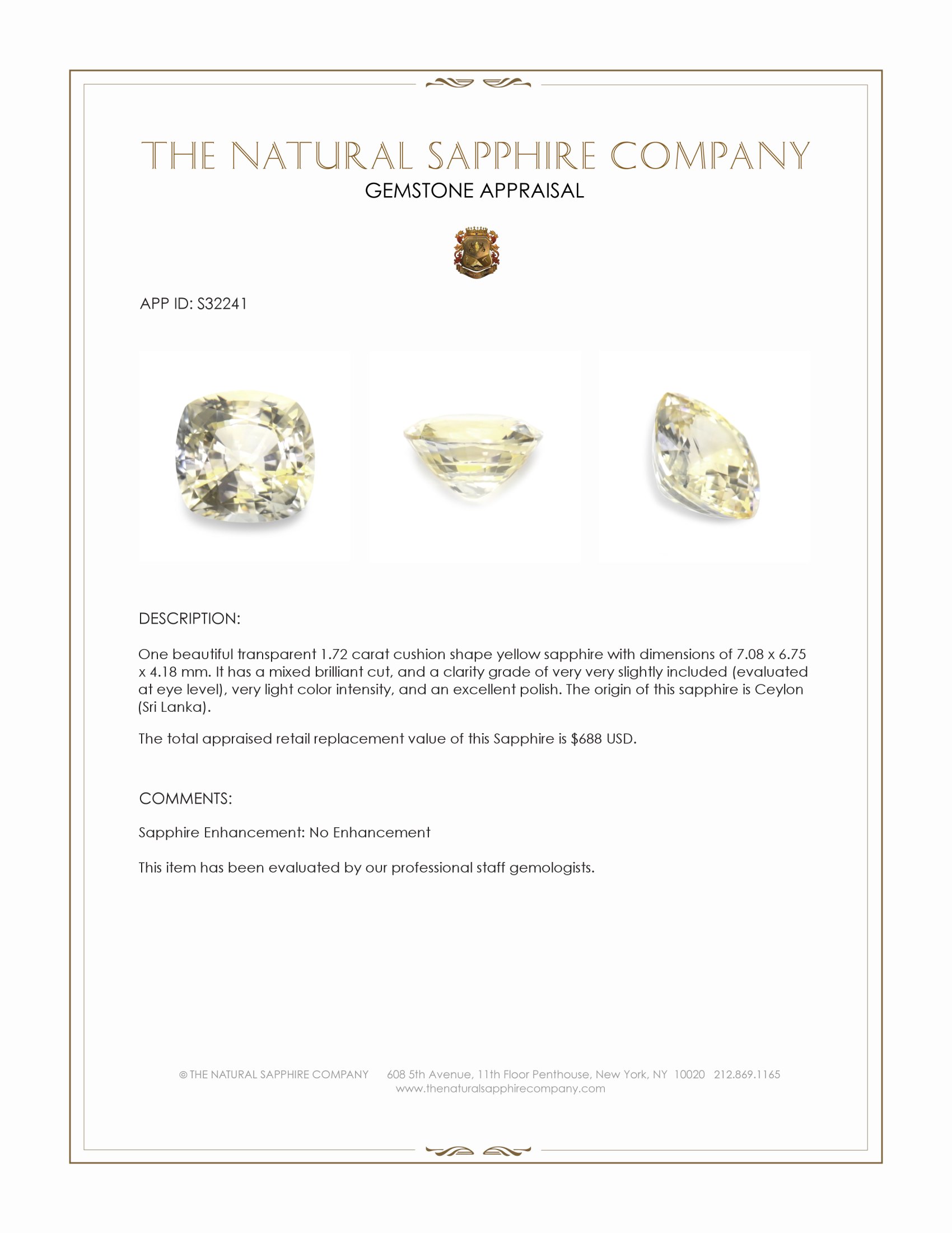 1.72 Ct. Yellow Sapphire from Ceylon (Sri Lanka)