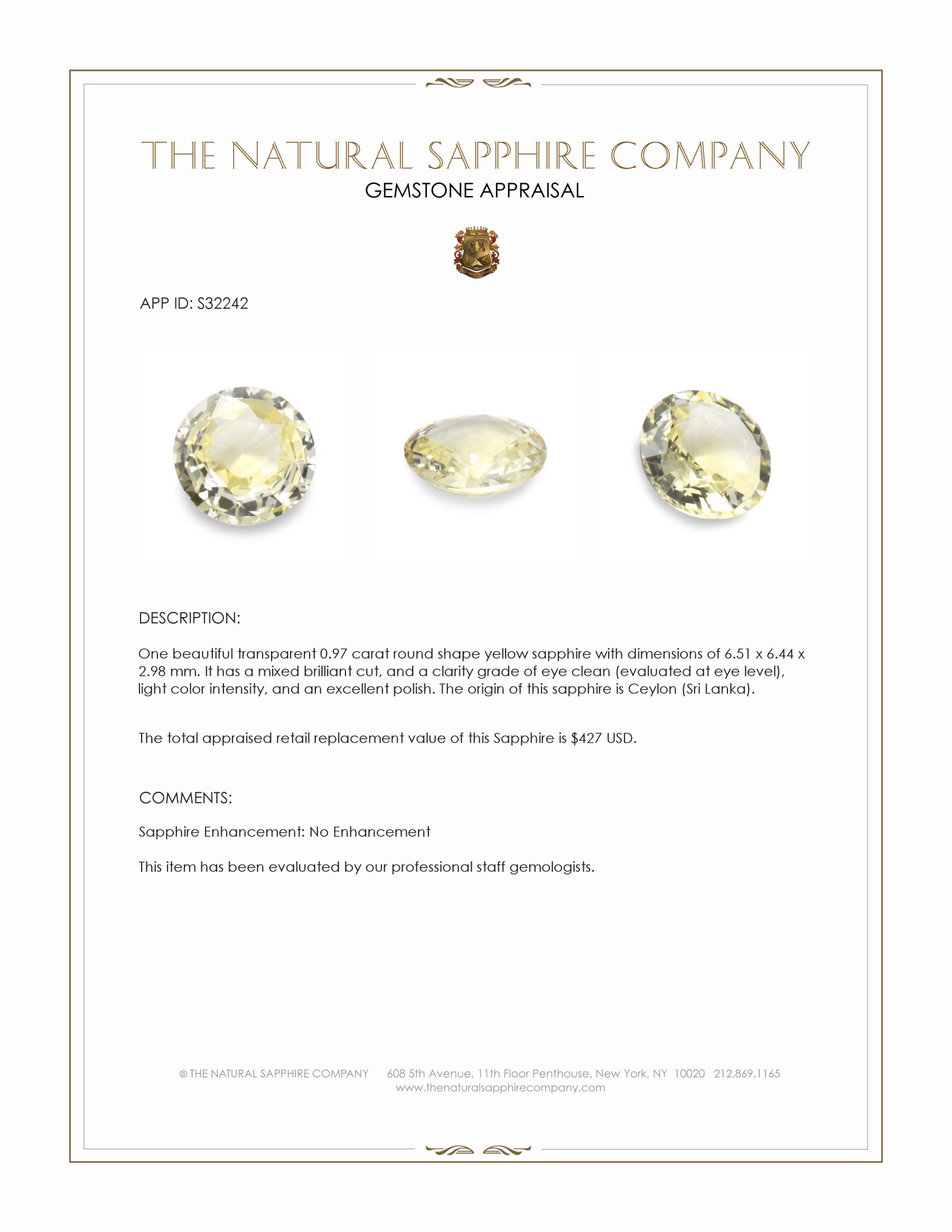 0.97 Ct. Yellow Sapphire from Ceylon (Sri Lanka)