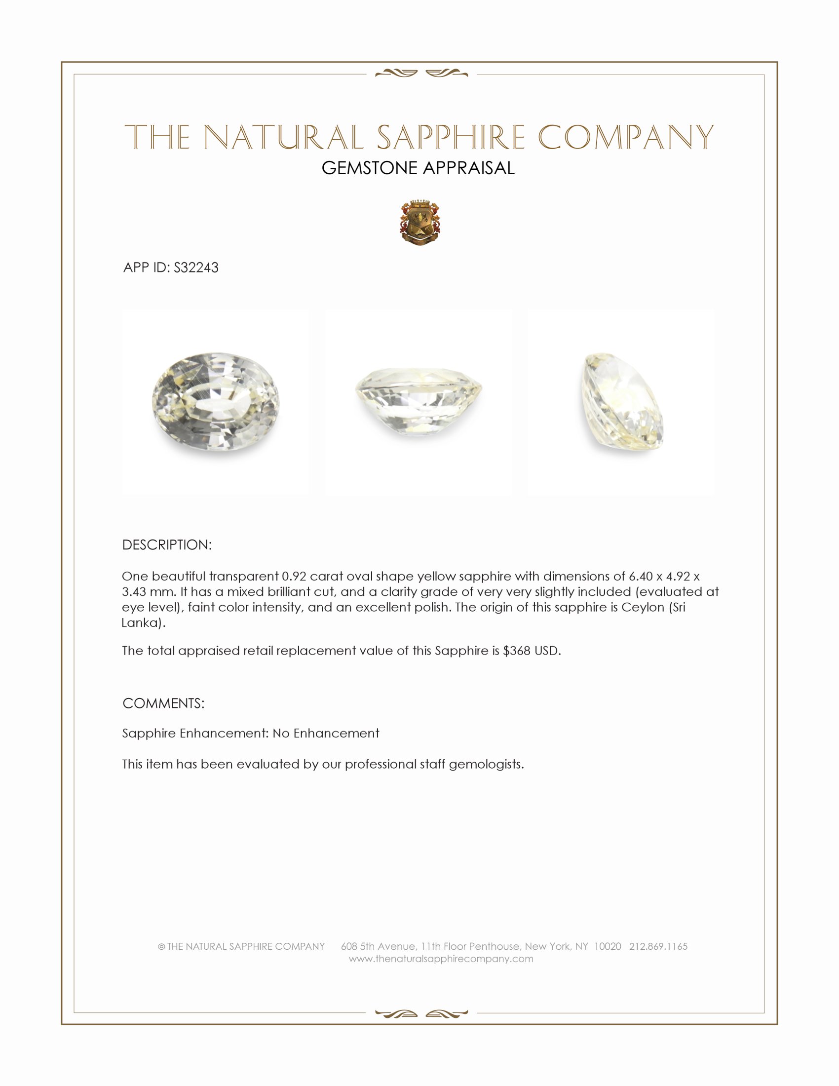 0.92 Ct. Yellow Sapphire from Ceylon (Sri Lanka)