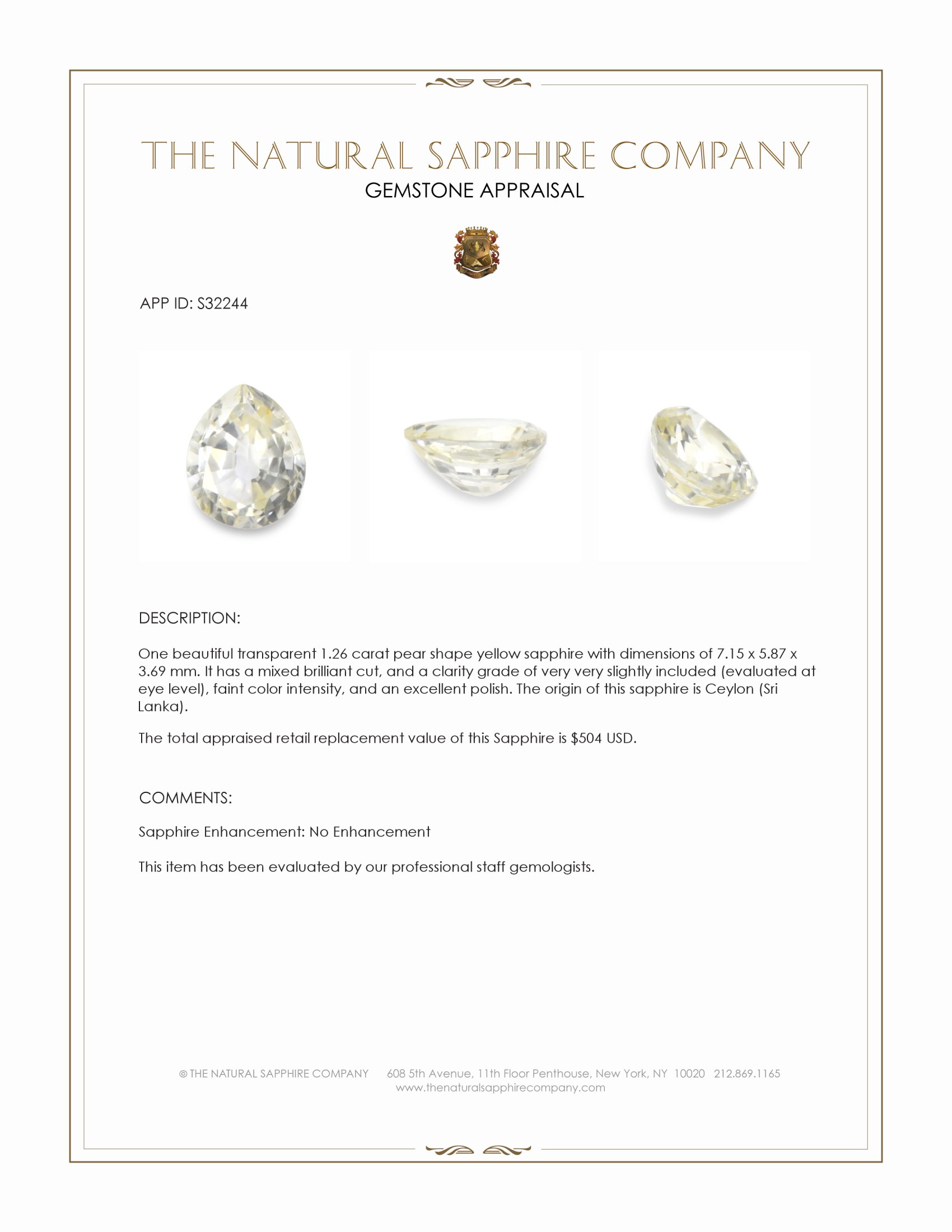 1.26 Ct. Yellow Sapphire from Ceylon (Sri Lanka)